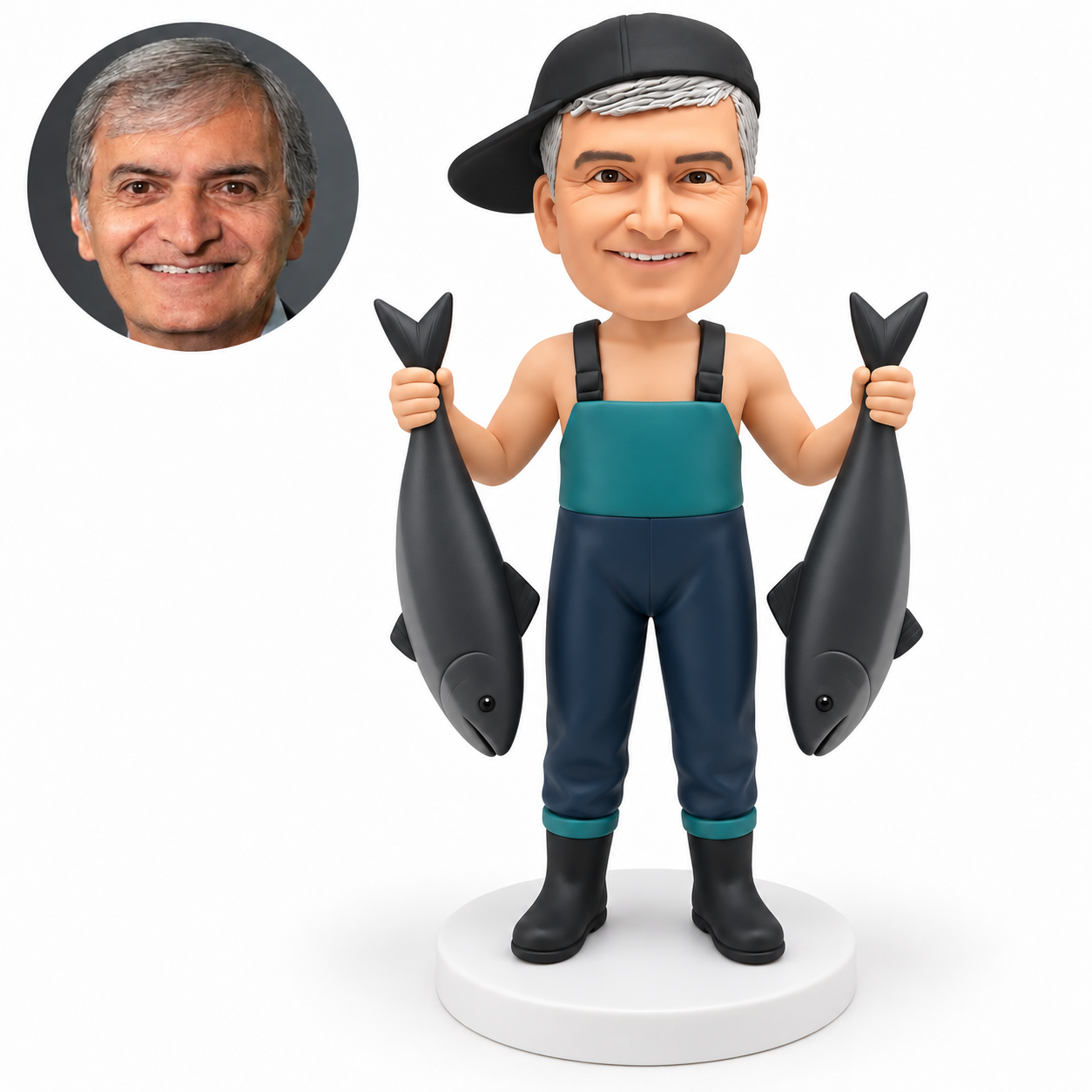 custom bobblehead figure male fisherman in bib waders holding two fish head-down by their tails