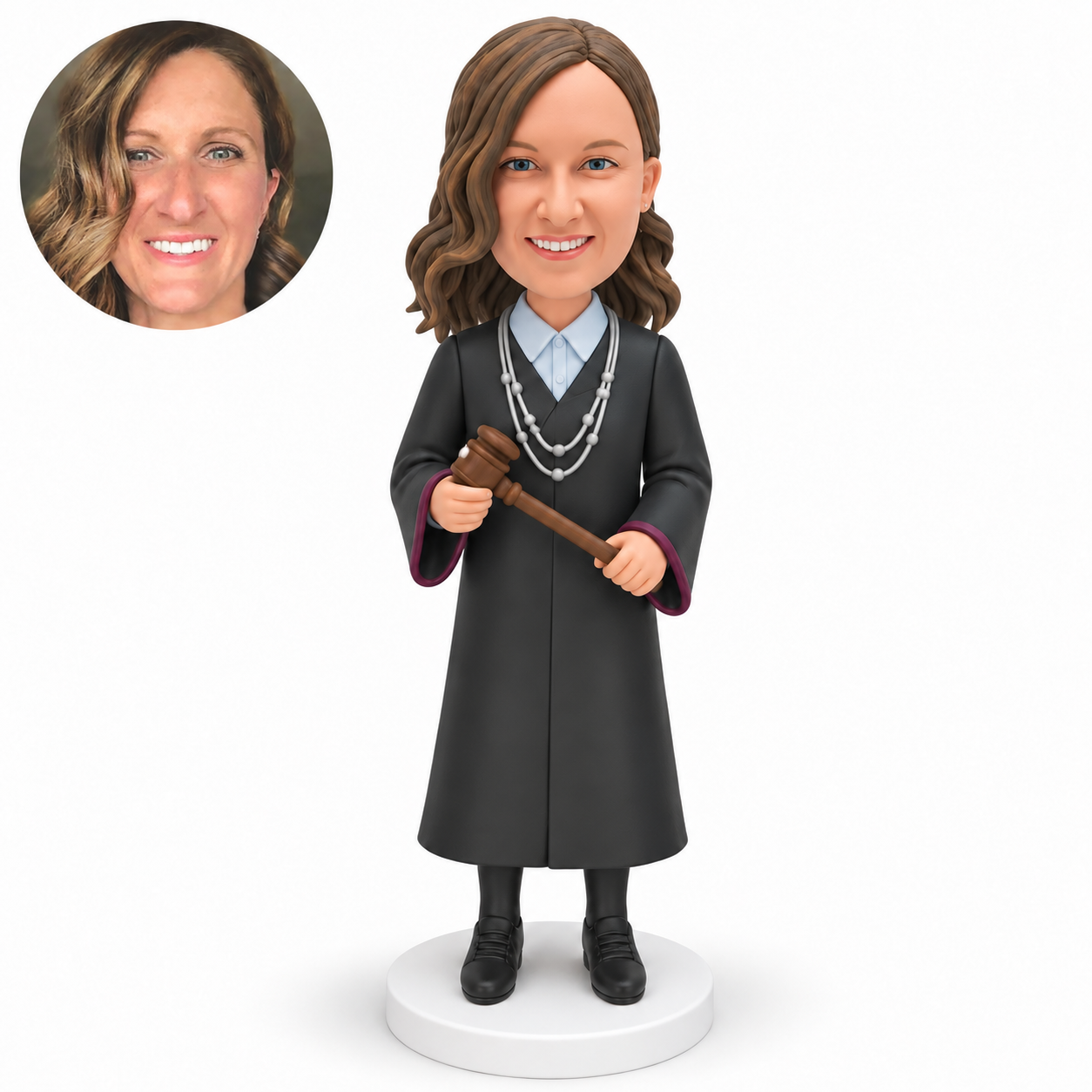 custom bobblehead figure female judge holding one gavel diagonally across her waist with both hands