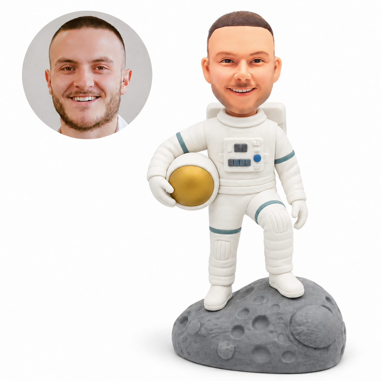 custom bobblehead figure male astronaut holding a helmet with one bent knee on a moon rock
