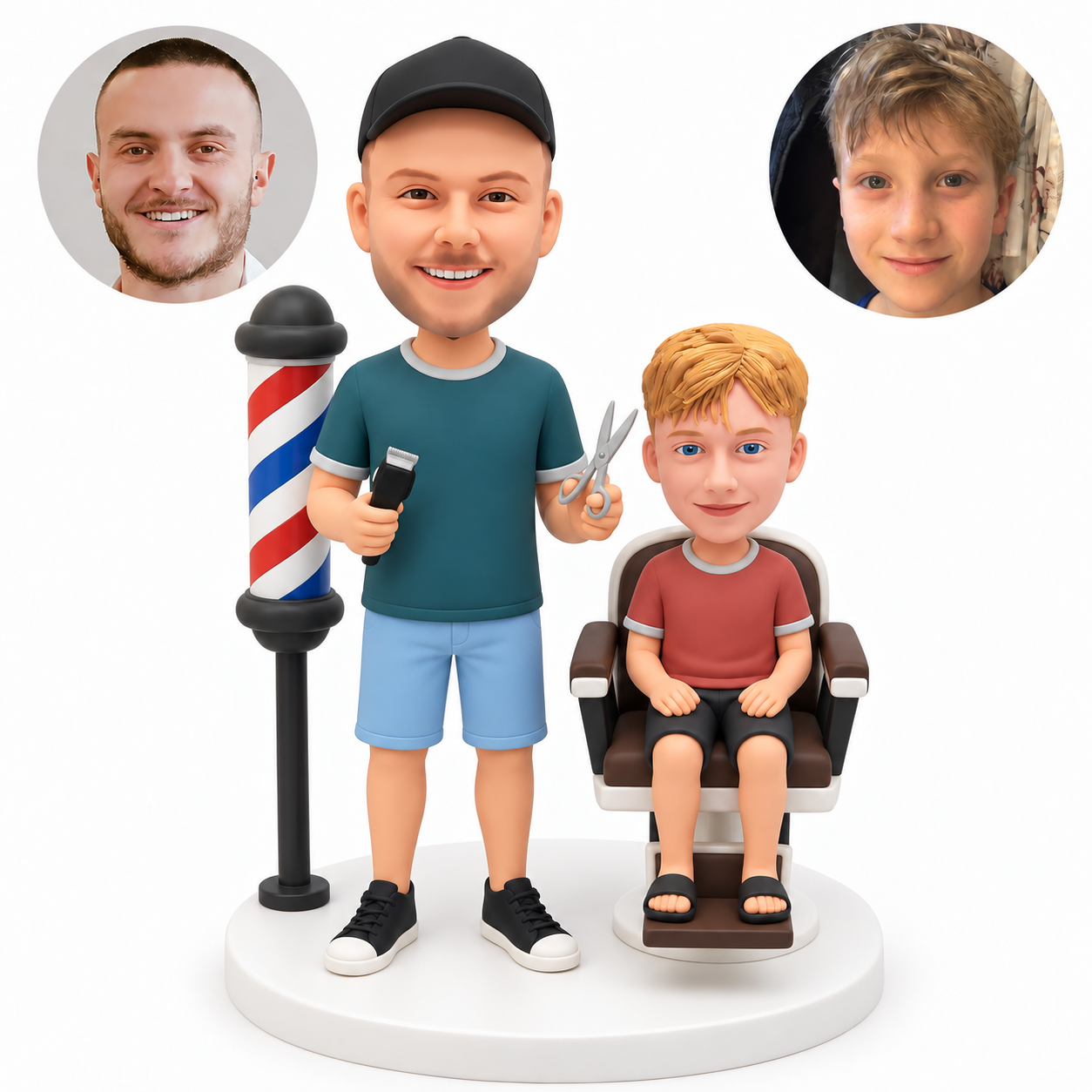 custom bobblehead figures male barber holding clippers and scissors beside a boy seated in a barber chair MGA-AB0231