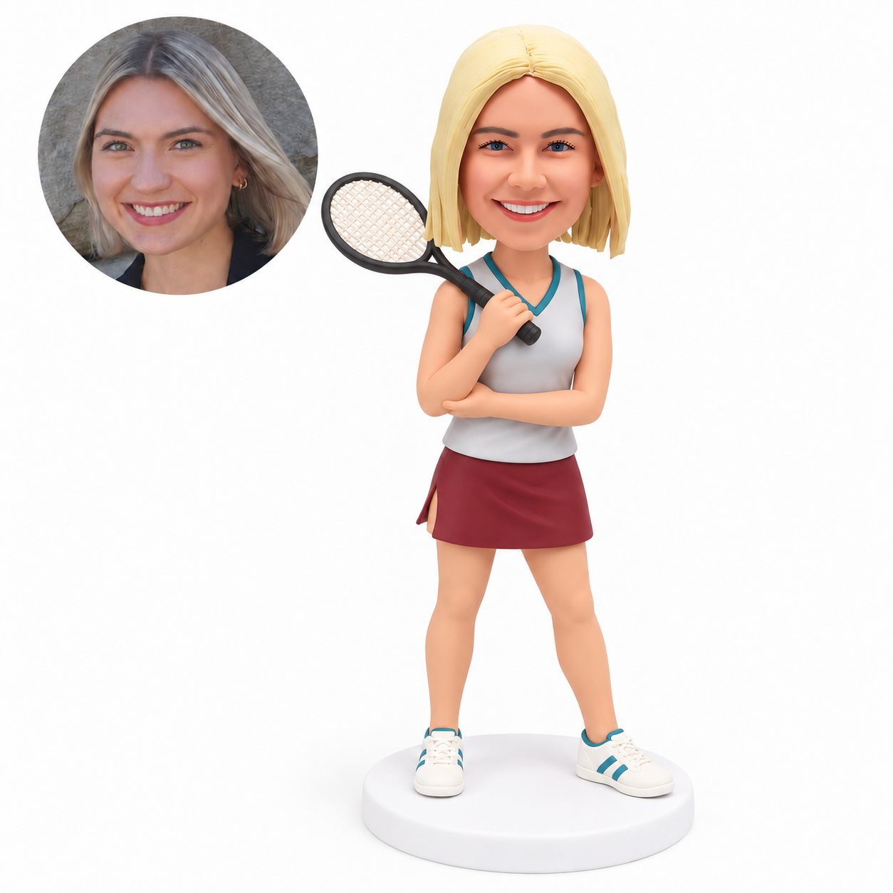 custom bobblehead figure female tennis player resting a racket over her right shoulder with her left arm supporting her right elbow MGA-AB0232