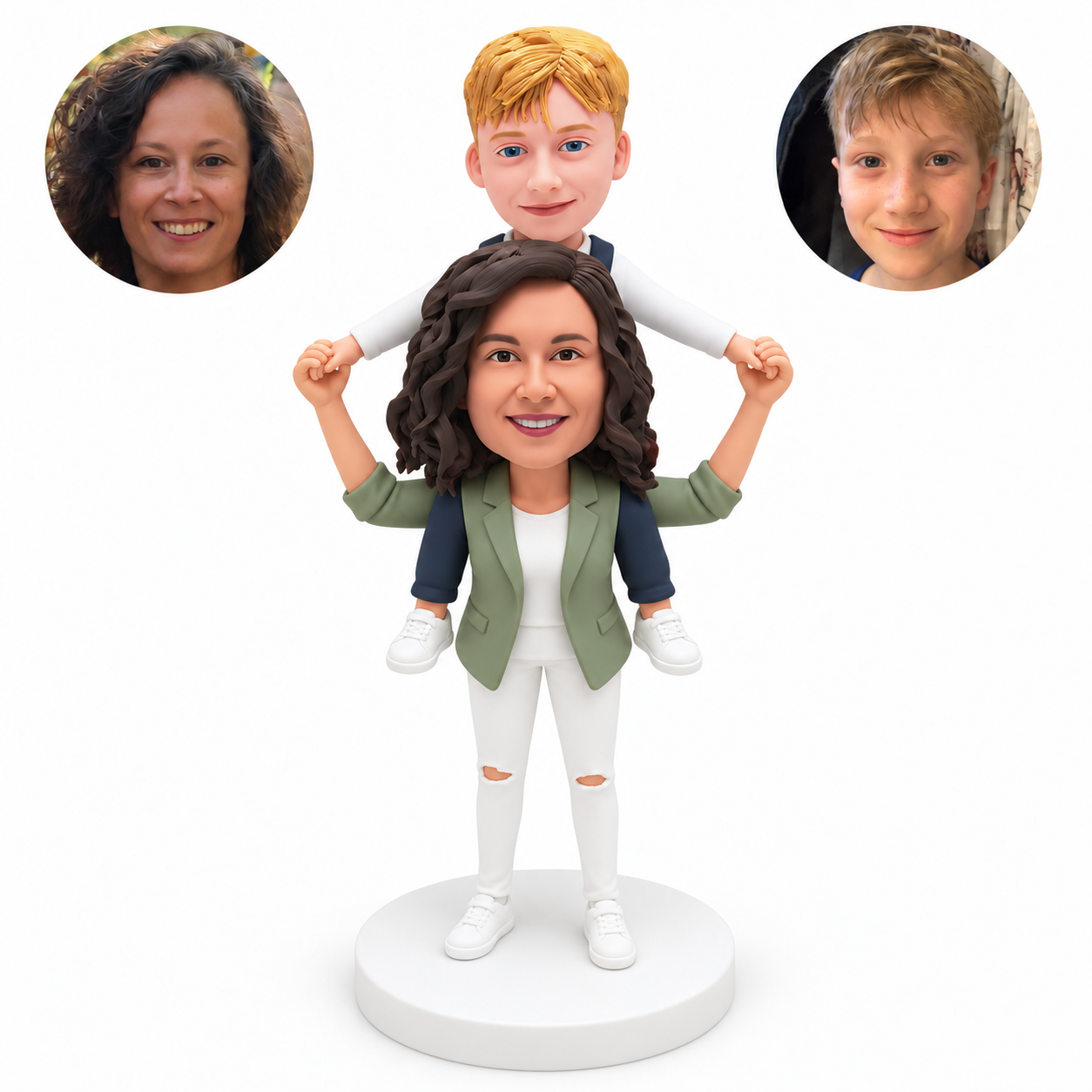custom bobblehead figures mother carrying her son piggyback with both hands raised to hold his hands