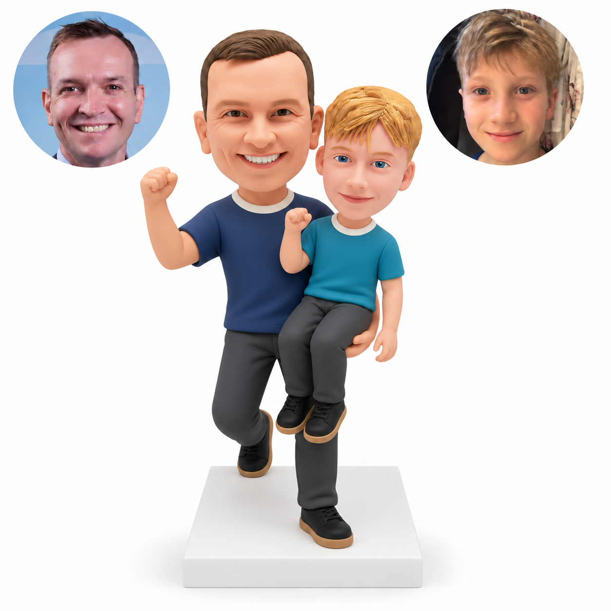 custom bobblehead figures father carrying his son across his front with both raising their right fists