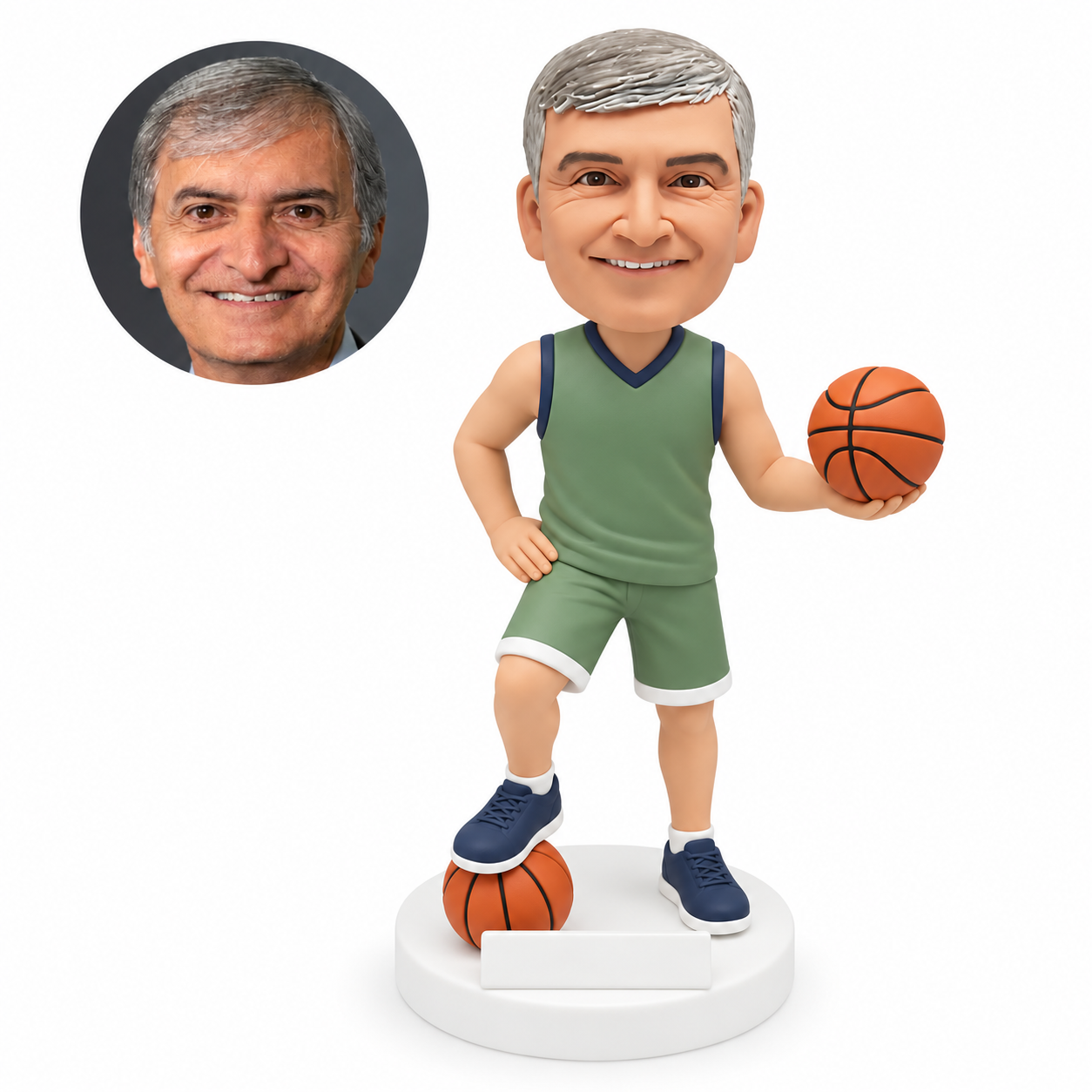 custom bobblehead figure male basketball player holding one ball with his other hand on his hip and a foot on a second ball