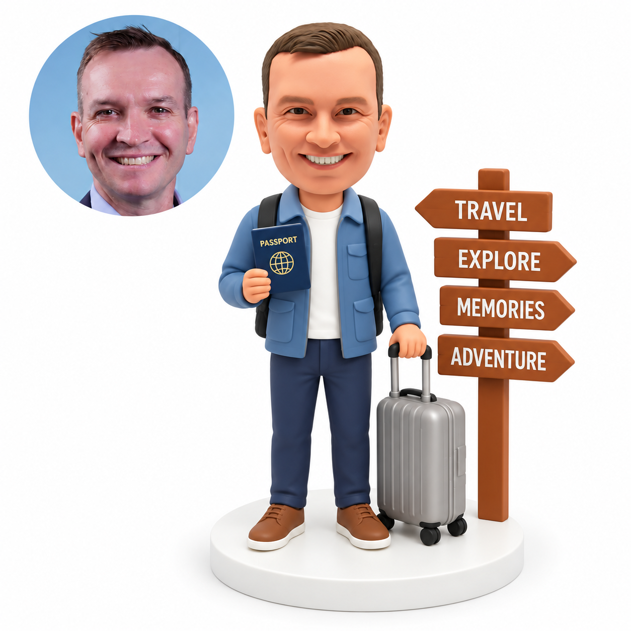 custom bobblehead figure man holding a passport and rolling suitcase with a backpack beside a directional sign