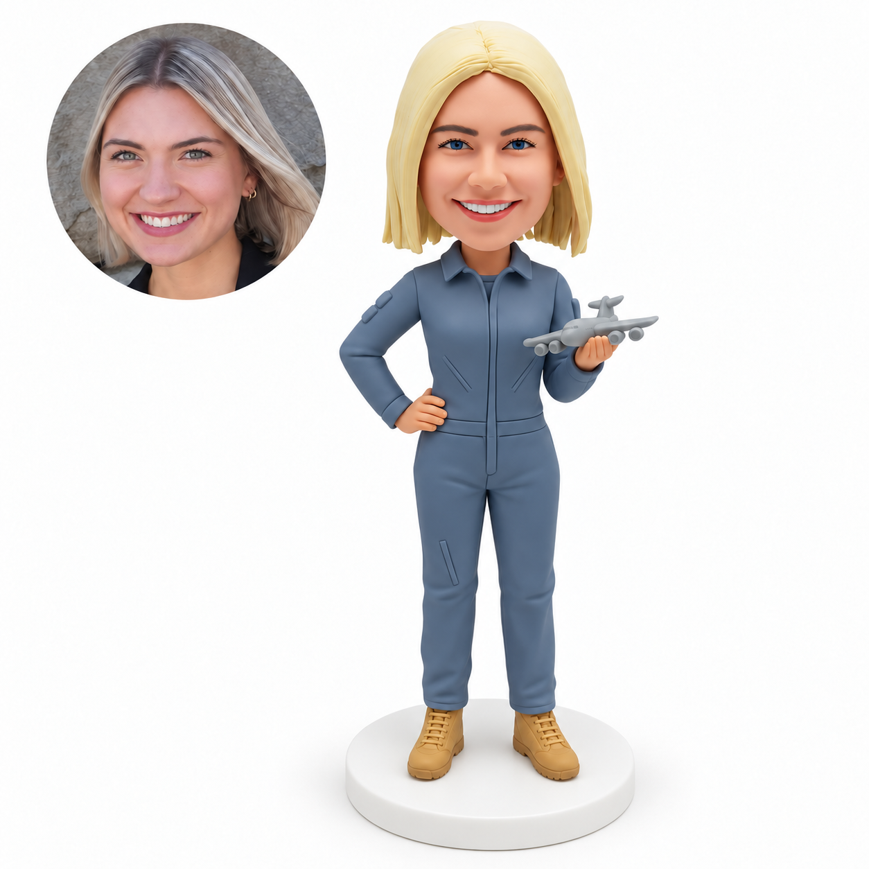 custom bobblehead figure female pilot holding an airplane model with her other hand on her hip