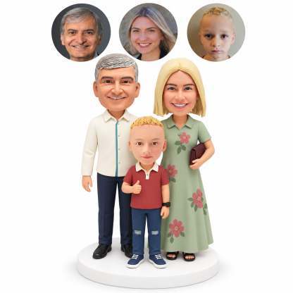 custom bobblehead figures parents standing behind their son giving a thumbs up with the mother holding a clutch bag