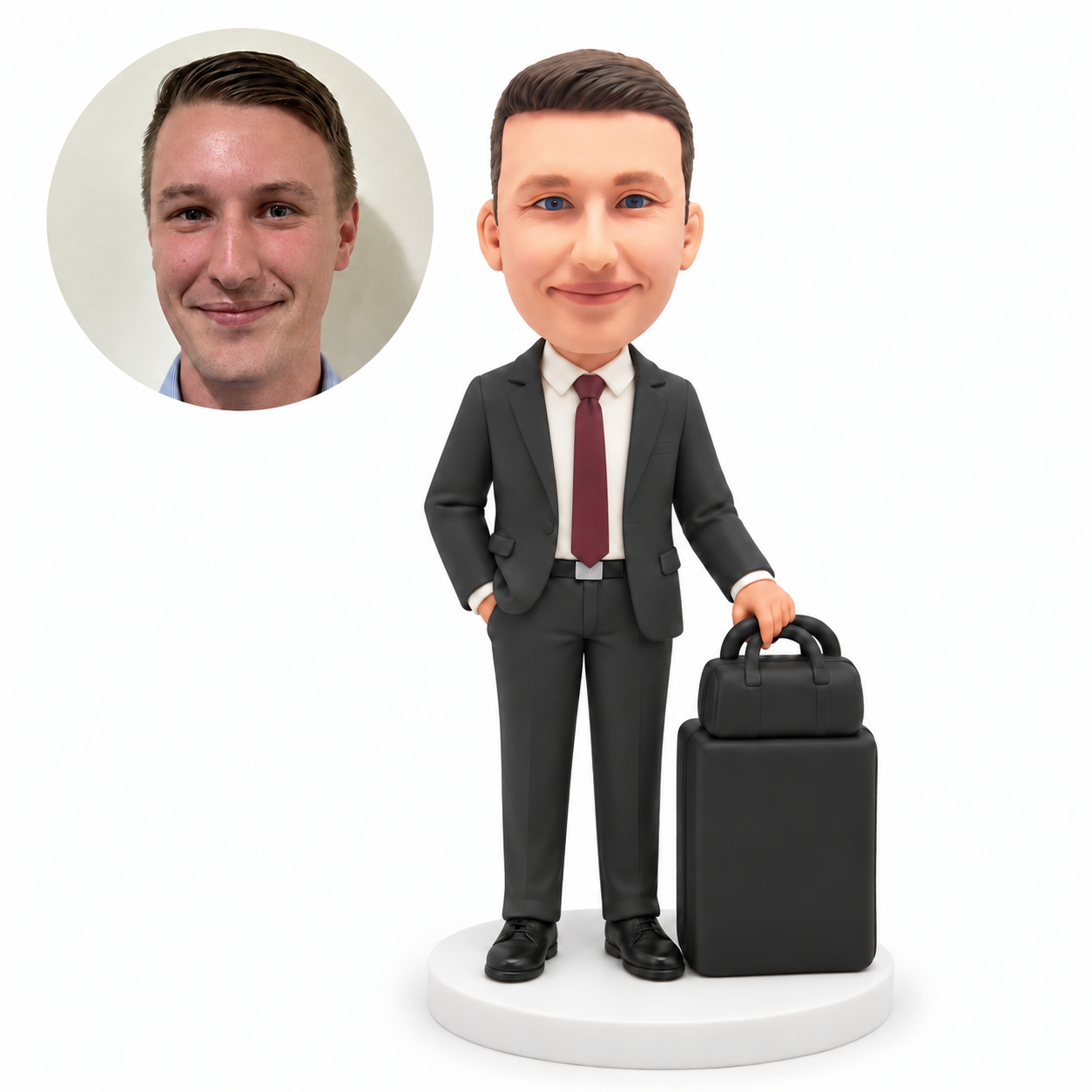 custom bobblehead figure businessman with one hand in his pocket holding a travel bag stacked on a suitcase