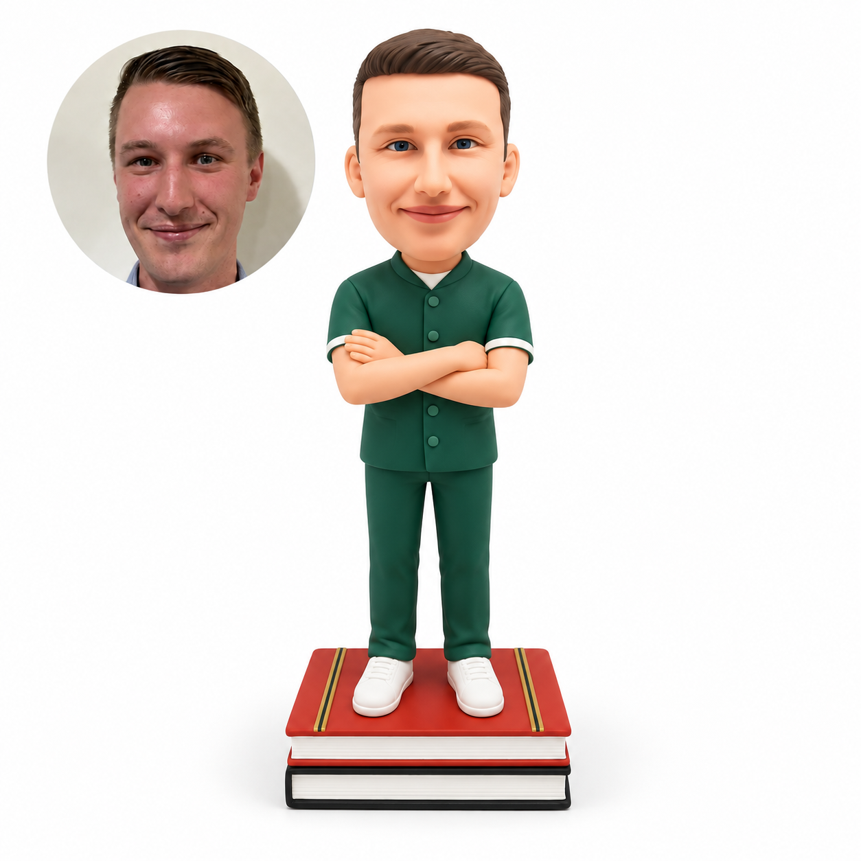 custom bobblehead figure male nurse standing with his arms crossed on two stacked books