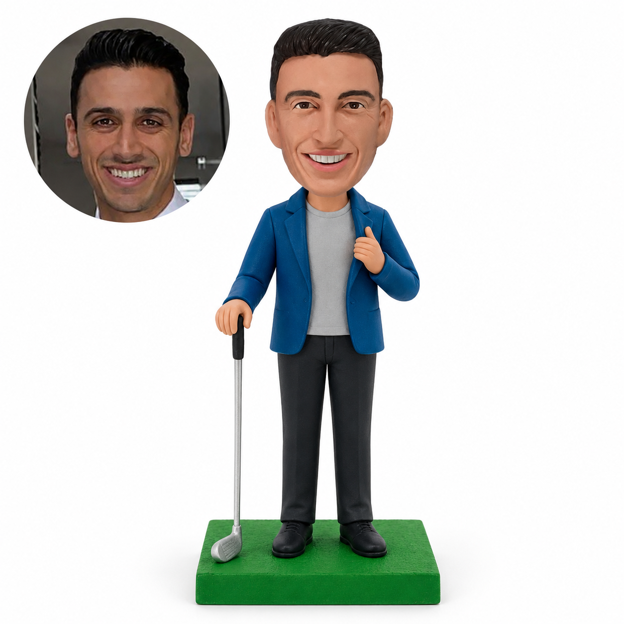 Custom male golfer bobblehead with one grounded golf club and opposite hand opening his jacket lapel