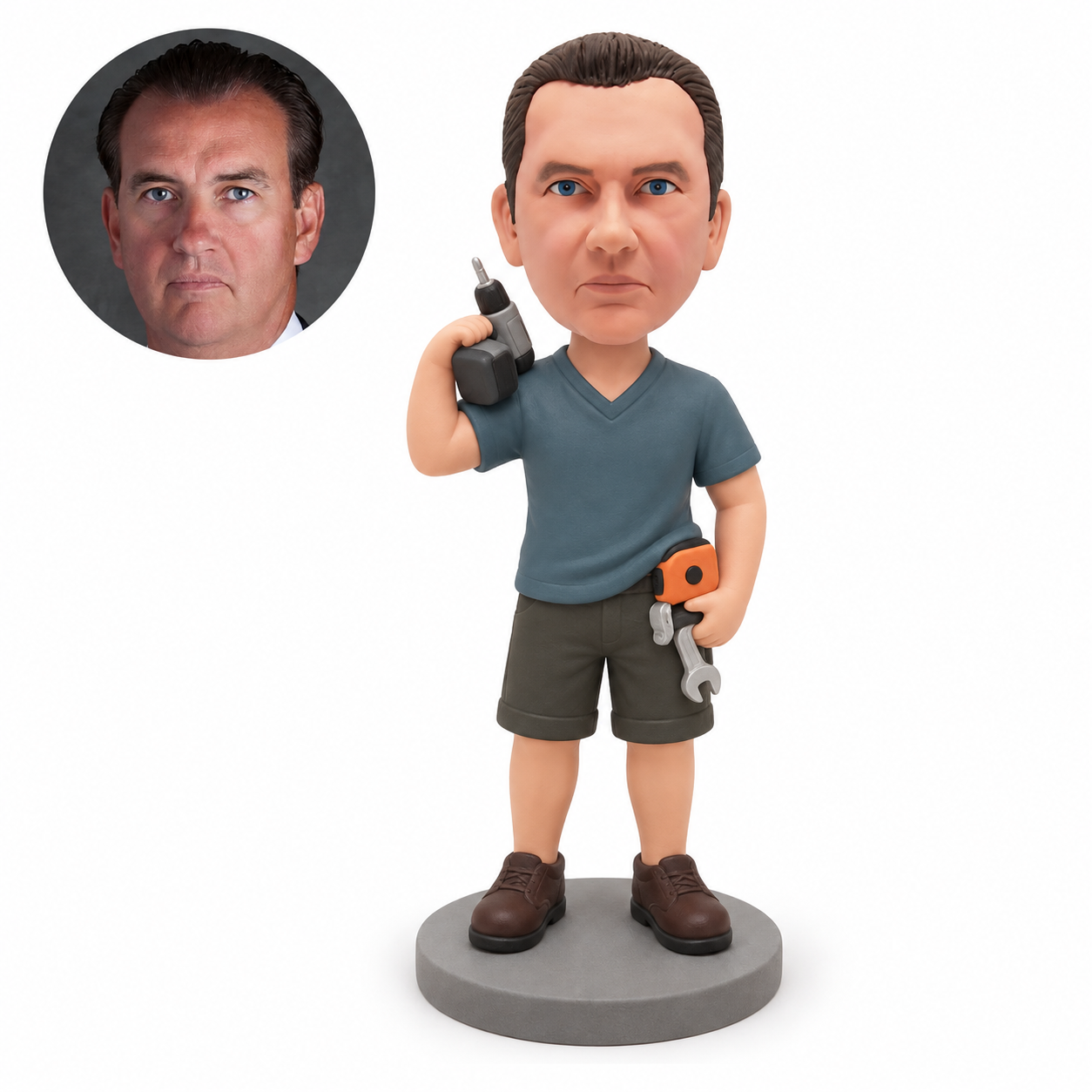 Custom male repairman bobblehead with drill at one shoulder and two tools at hip