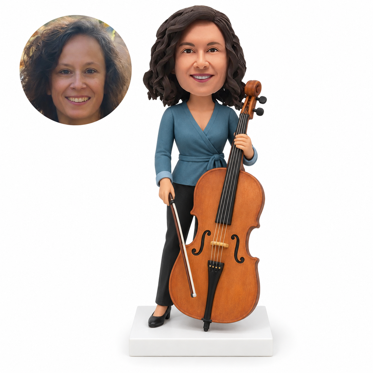 Custom female cellist bobblehead with cello and bow