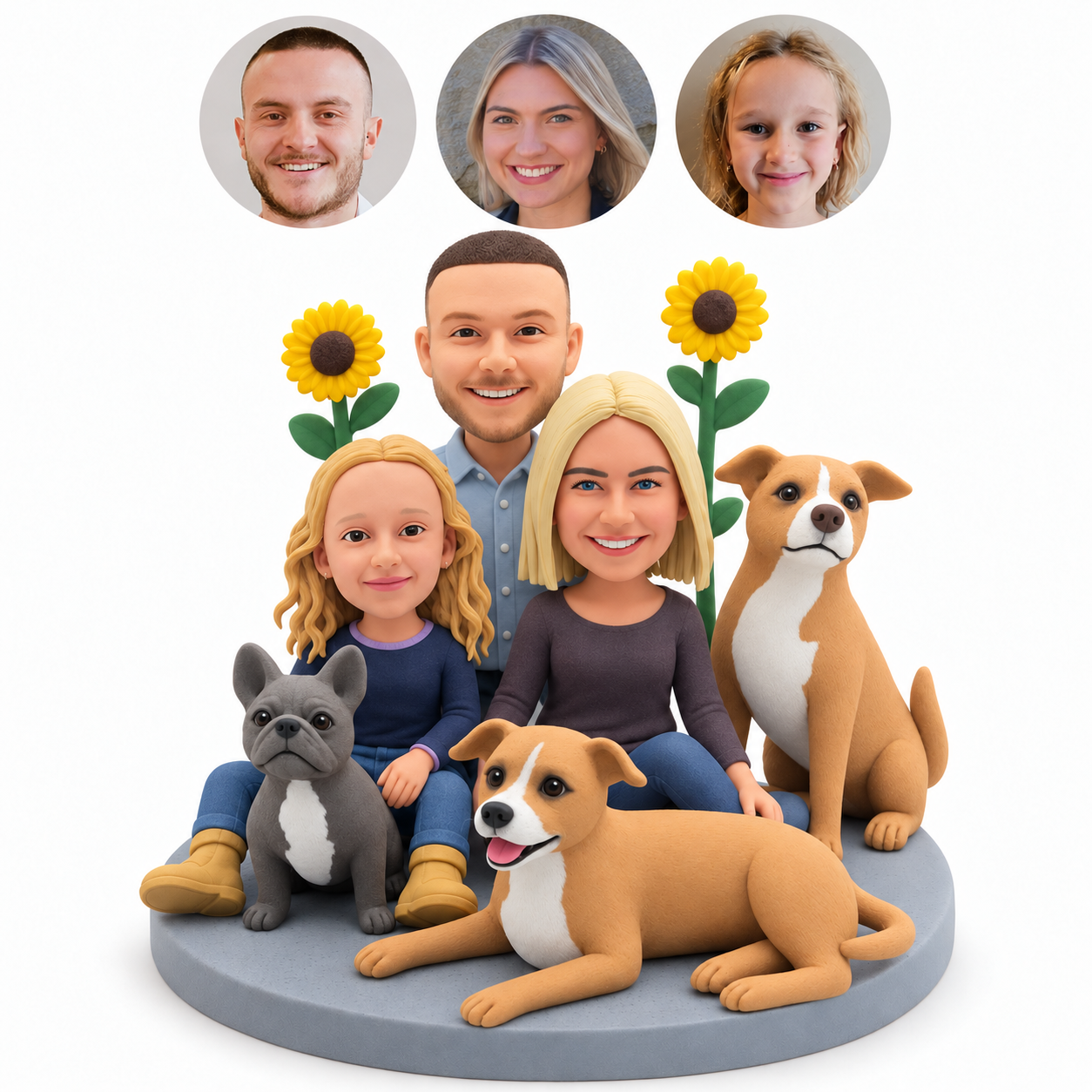 custom bobblehead figures seated mother and daughter with father three fixed sculpted dogs and two sunflowers