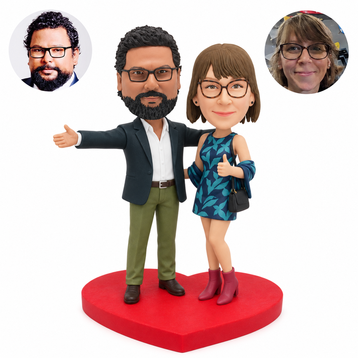Polymer-clay couple on a red heart base: man with an outstretched arm, woman giving a thumbs up, and matching portrait photos