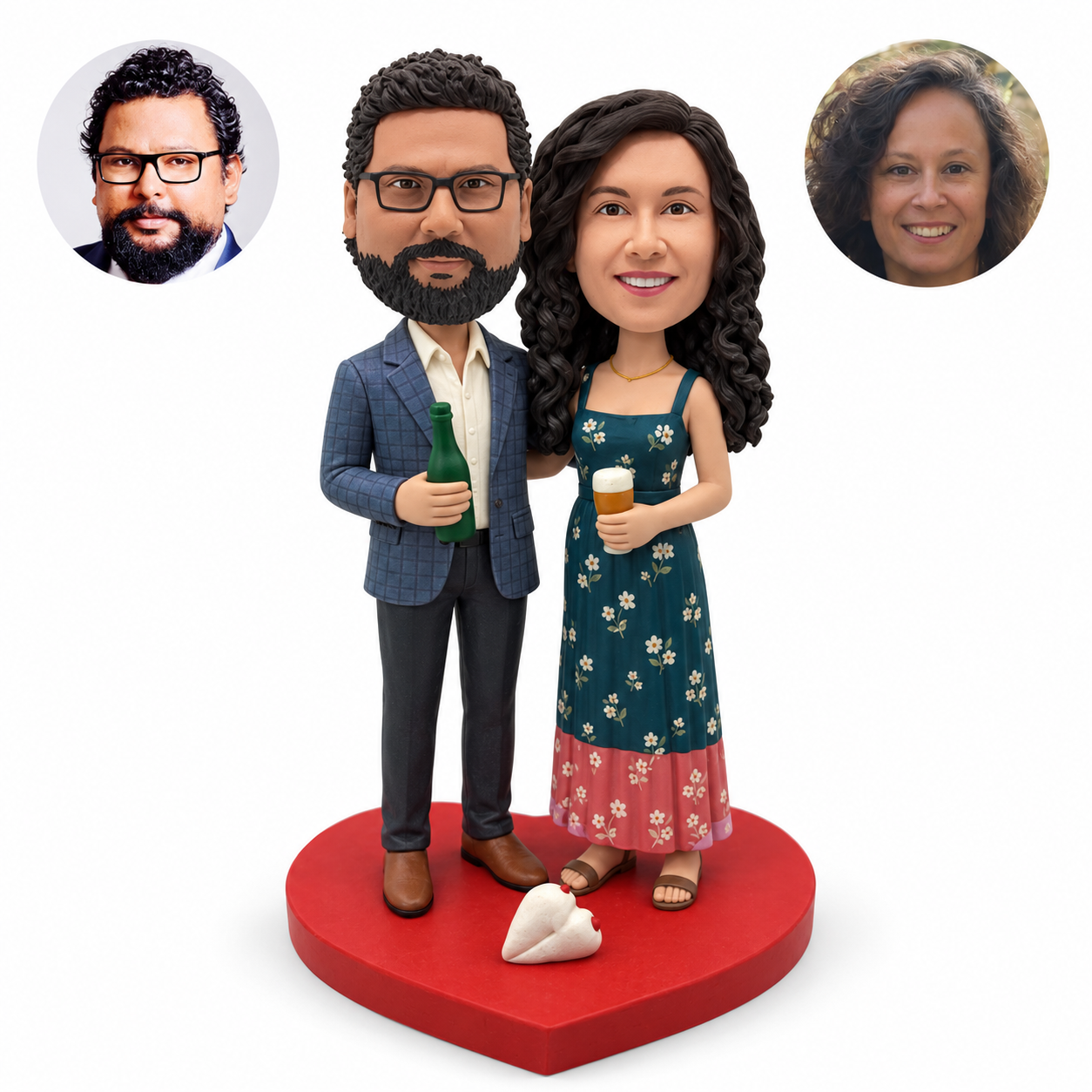 Custom clay bobblehead couple: man holding a champagne bottle and woman holding a beer cup on a red heart base with a seashell