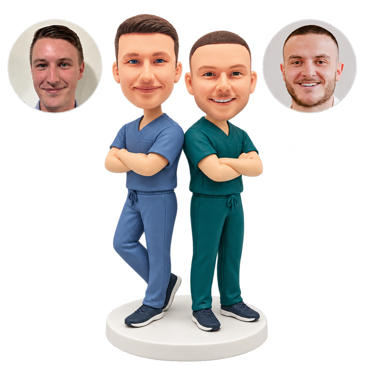 custom bobblehead figures two male nurses standing back to back with crossed arms and one bent leg