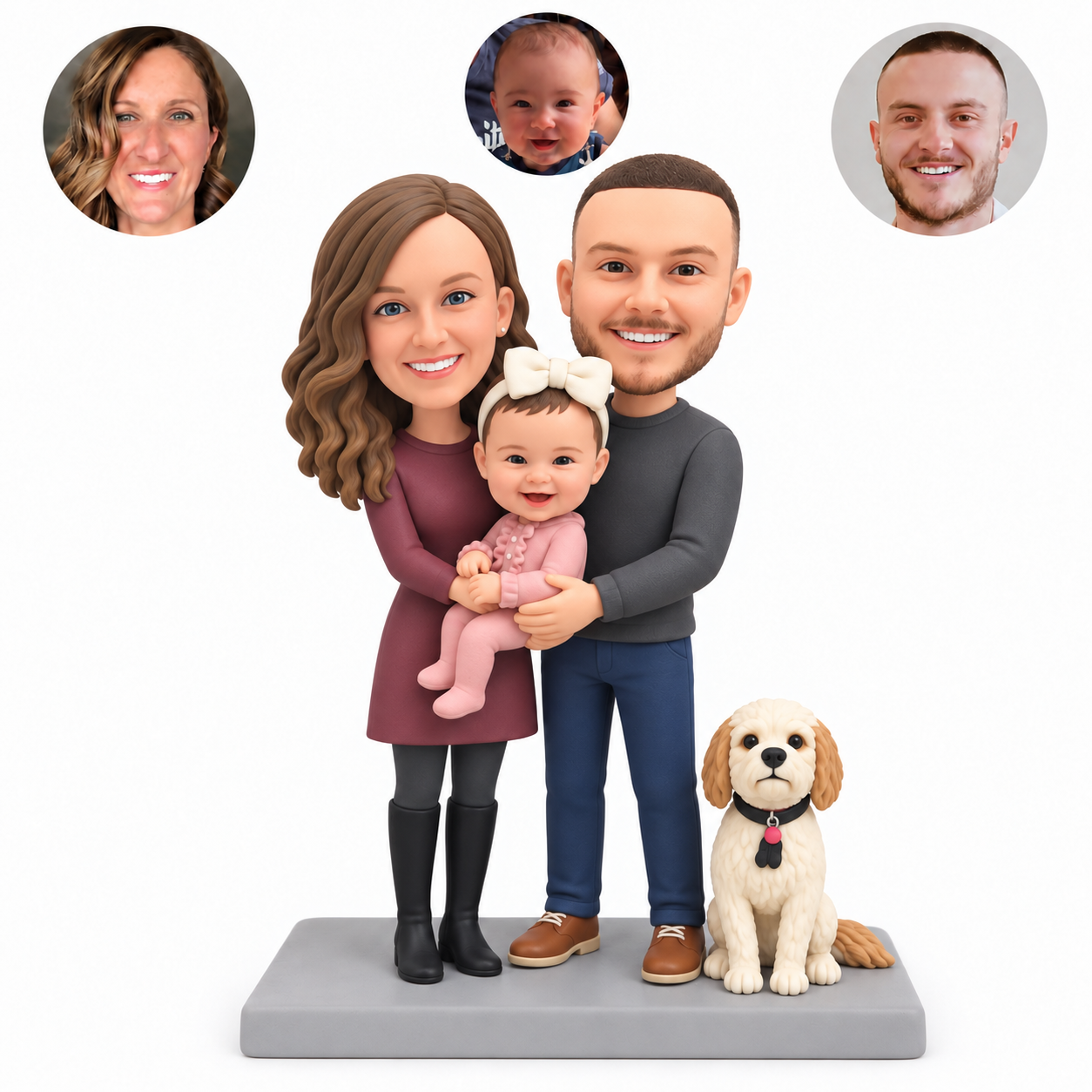 Smooth clay family bobblehead: two parents holding a baby girl beside a fixed seated cream dog, with three matching real portrait photos.