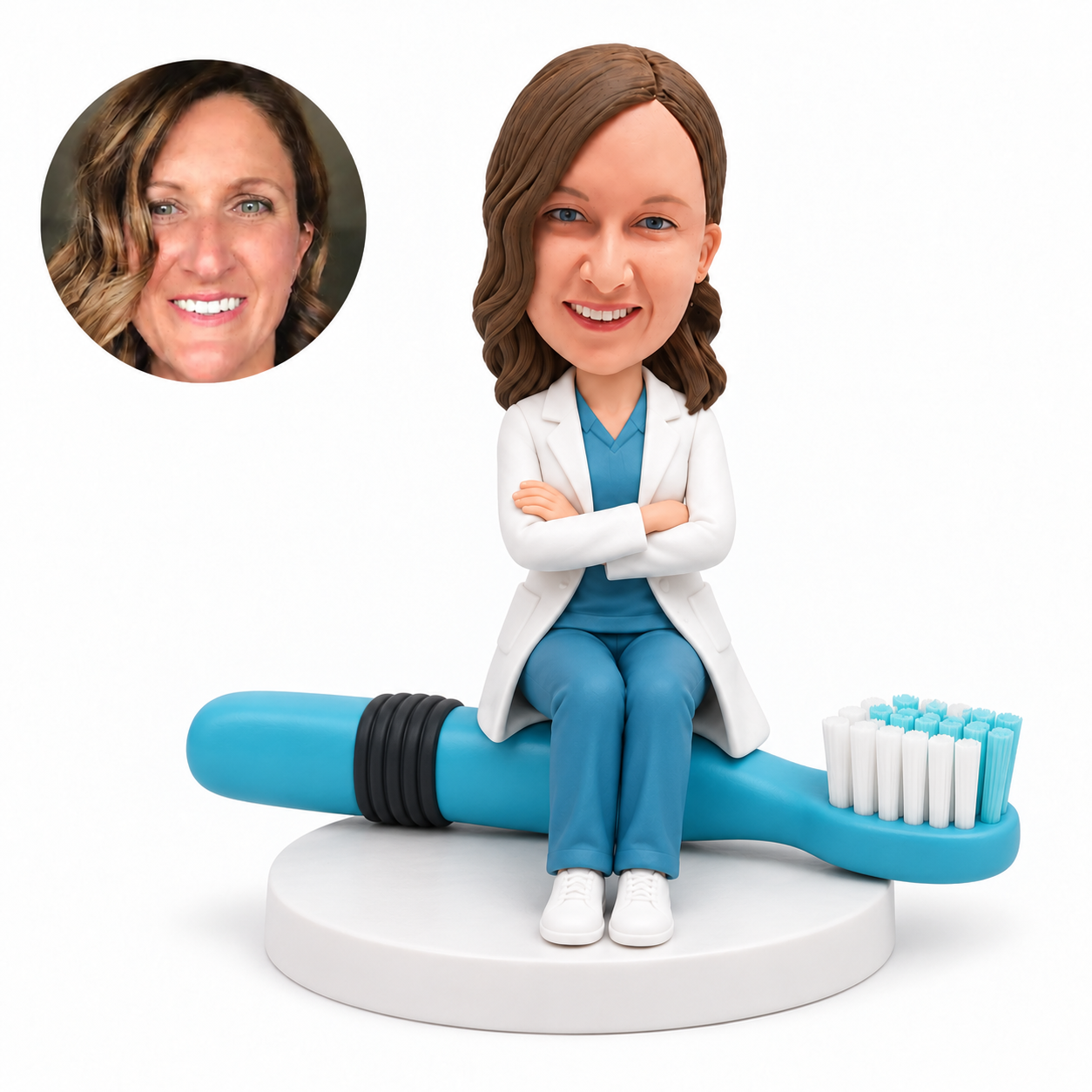 custom bobblehead figure female dentist seated on a giant toothbrush