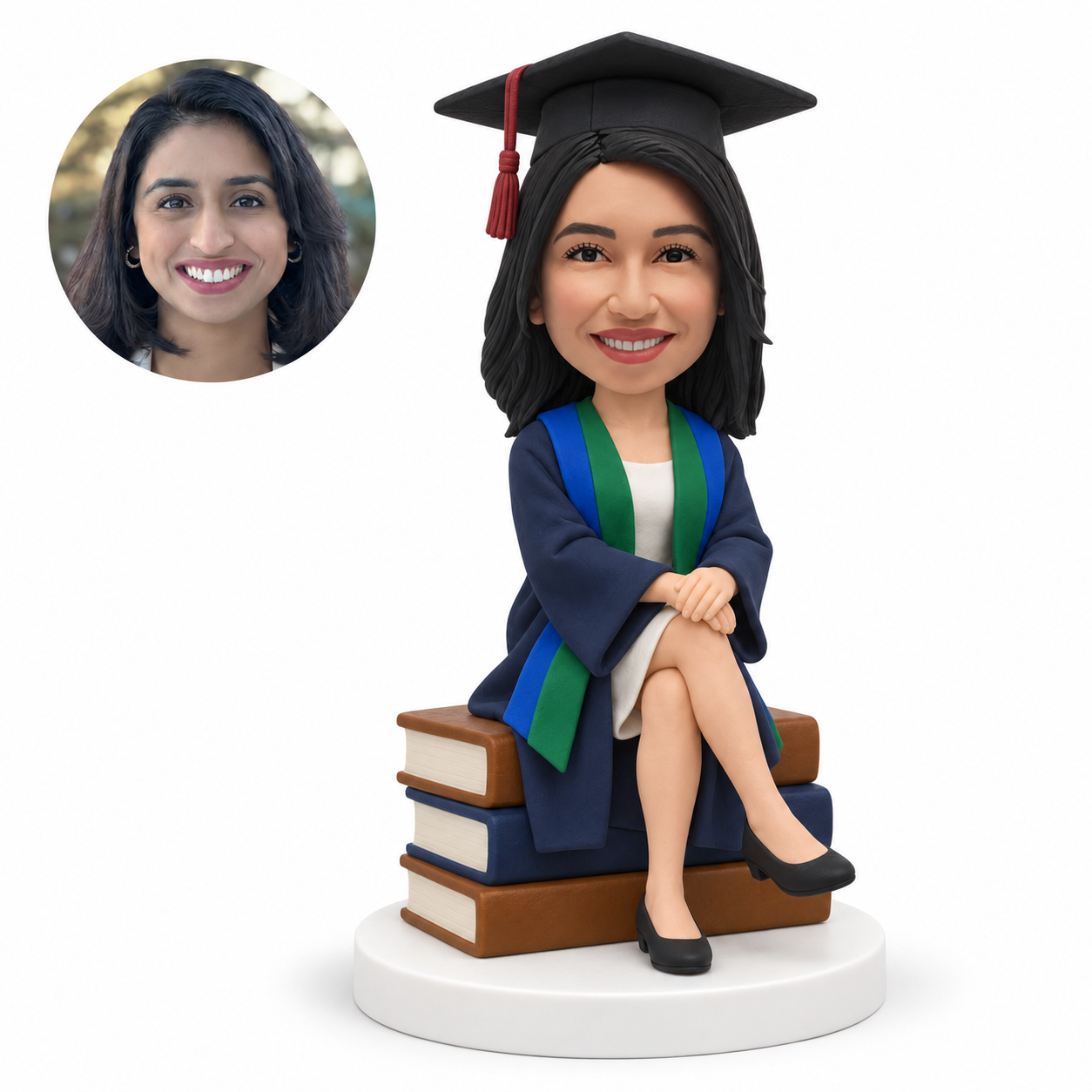 custom bobblehead figure female graduate seated on a stack of books
