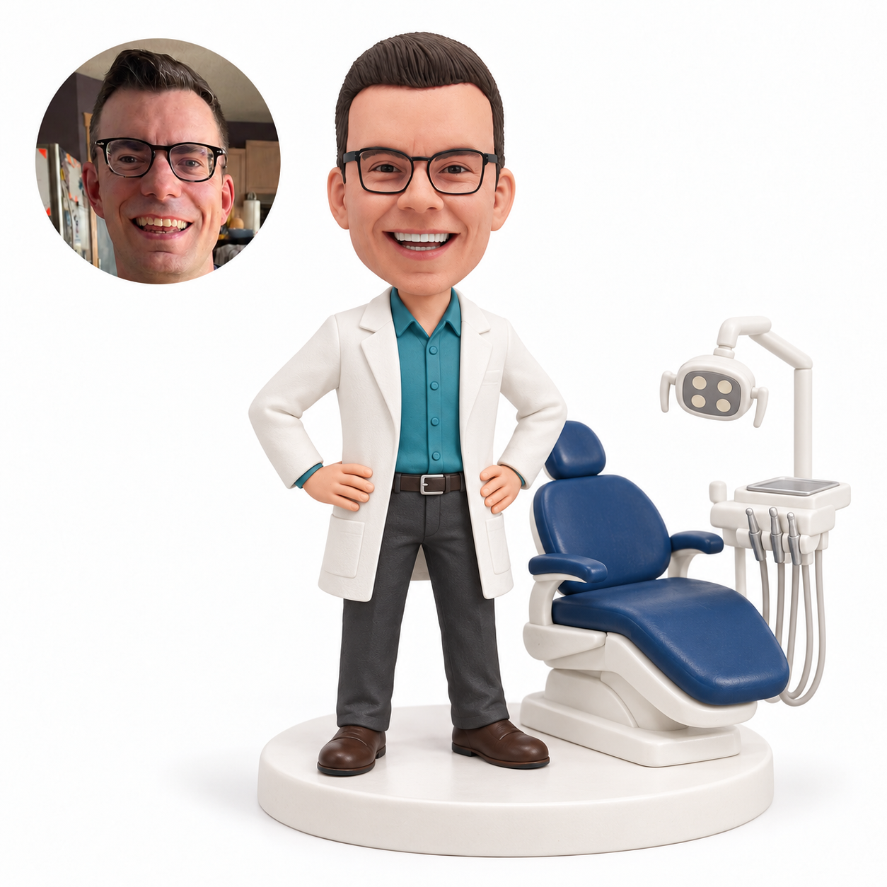 custom bobblehead figure male dentist standing beside a dental chair