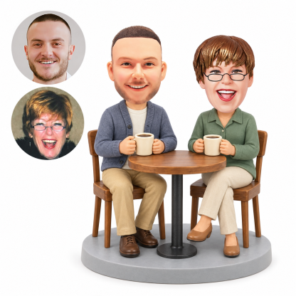 custom bobbleheads figures couple drinking coffee at a round table