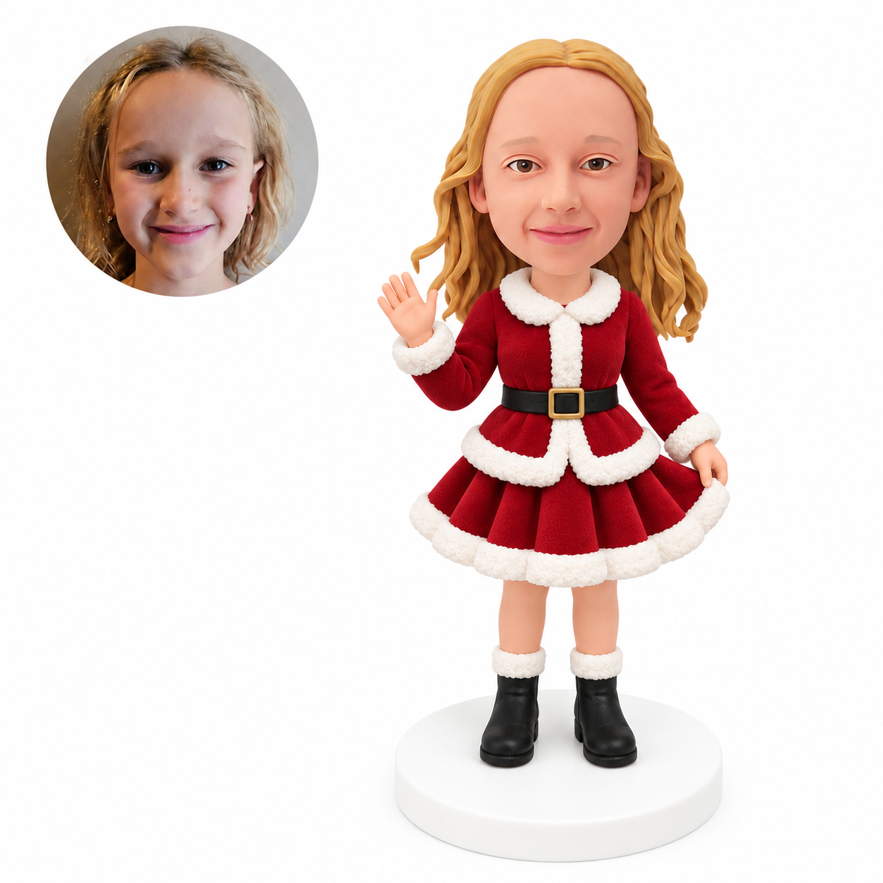 custom bobblehead figure girl in a Santa dress waving