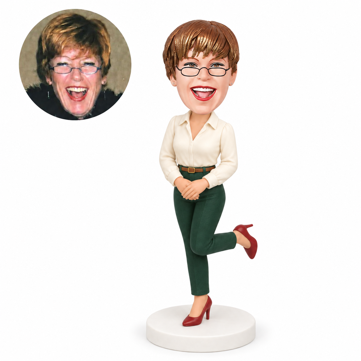 custom bobblehead figure businesswoman with clasped hands and a raised heel