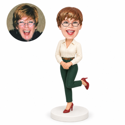 custom bobblehead figure businesswoman with clasped hands and a raised heel