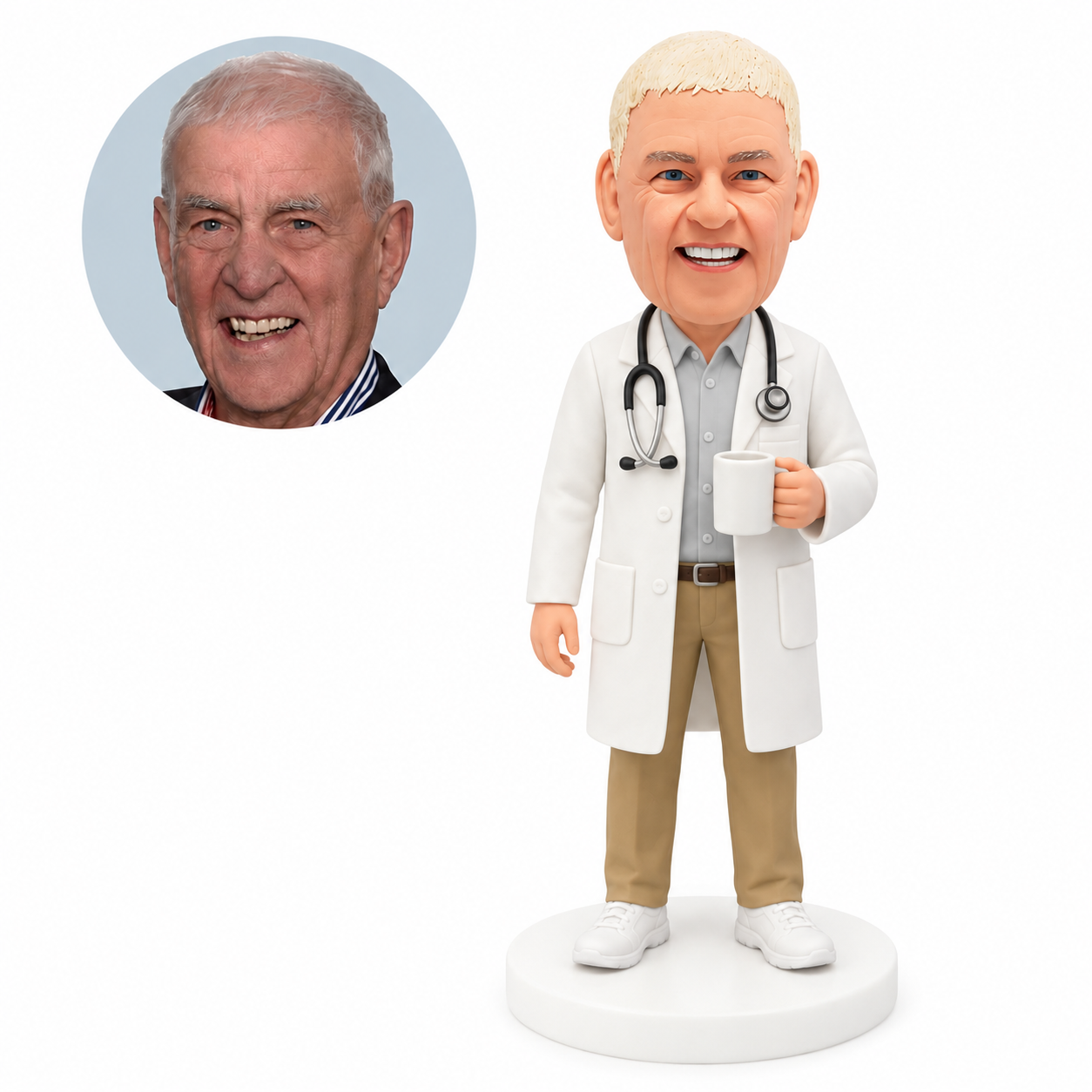 custom bobblehead figure male dentist holding a mug with a stethoscope