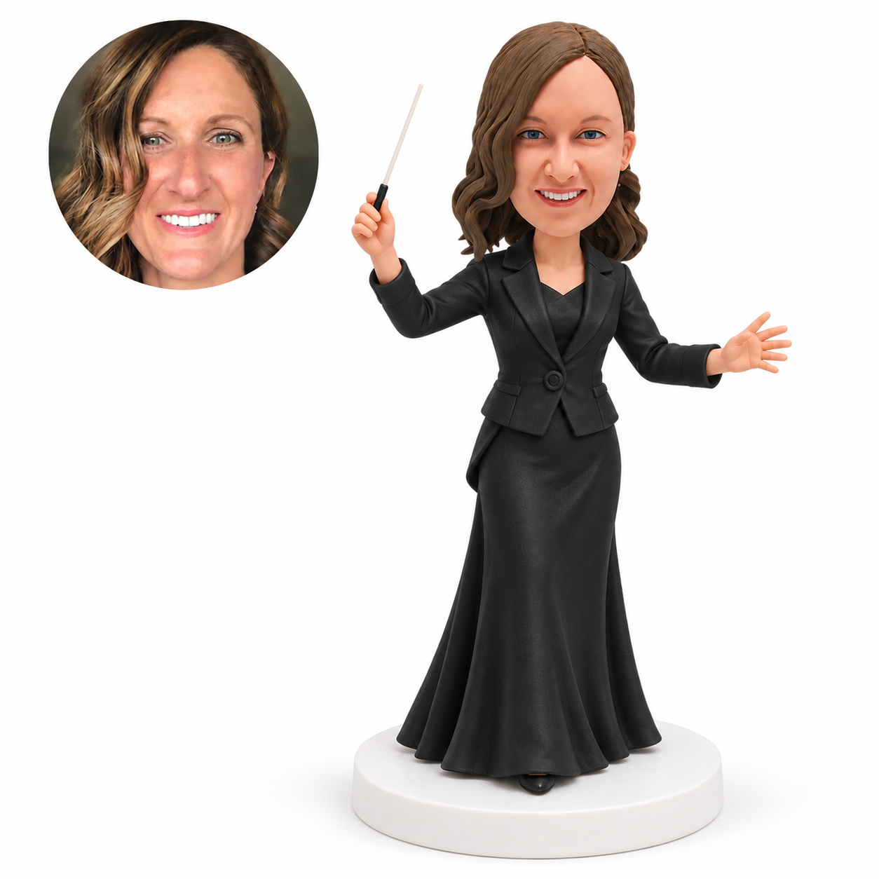 custom bobblehead figure female music conductor in a long skirt with a baton