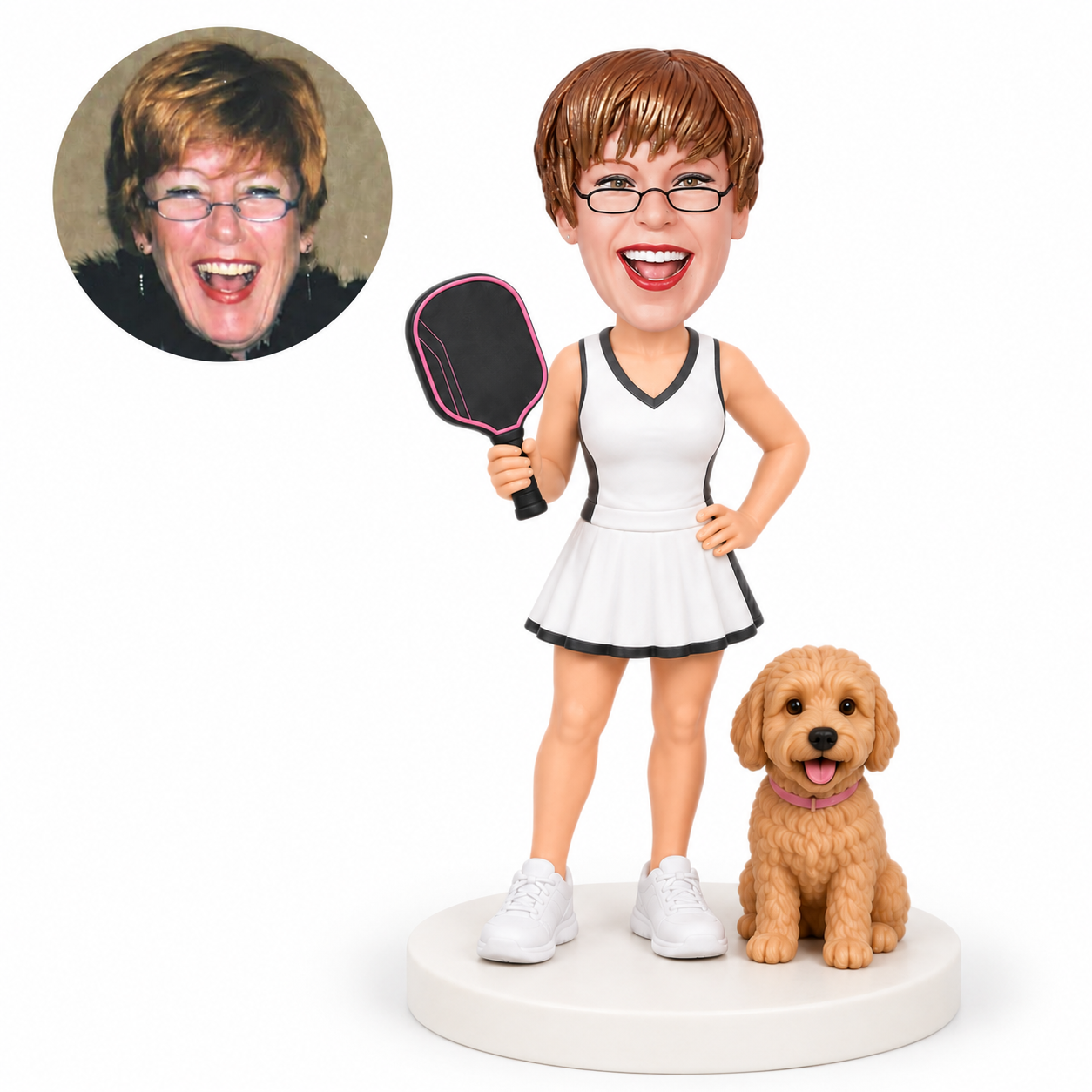 custom bobblehead figure female pickleball player standing beside a puppy