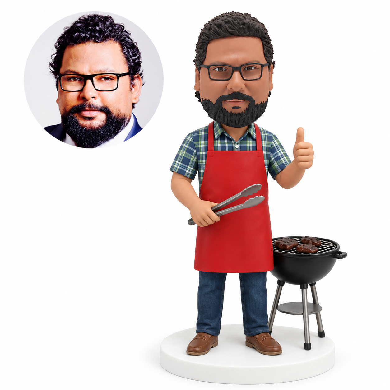 custom bobblehead figure barbecue cook holding tongs and giving a thumbs up beside a grill