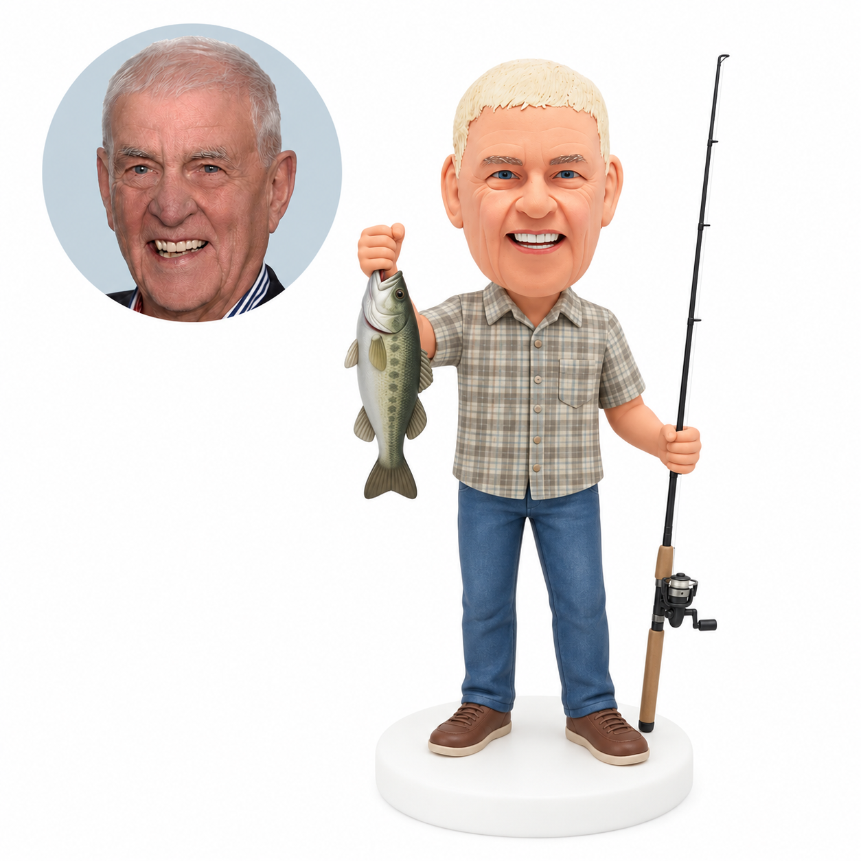 custom bobblehead figure fisherman in a plaid shirt raising a fish with a fishing rod