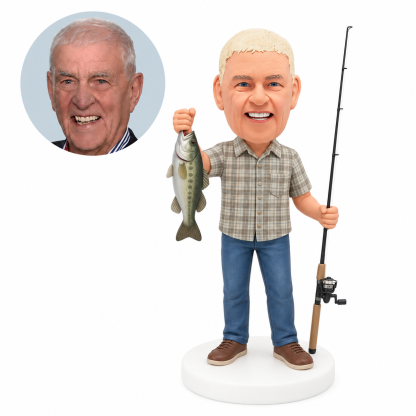 custom bobblehead figure fisherman in a plaid shirt raising a fish with a fishing rod