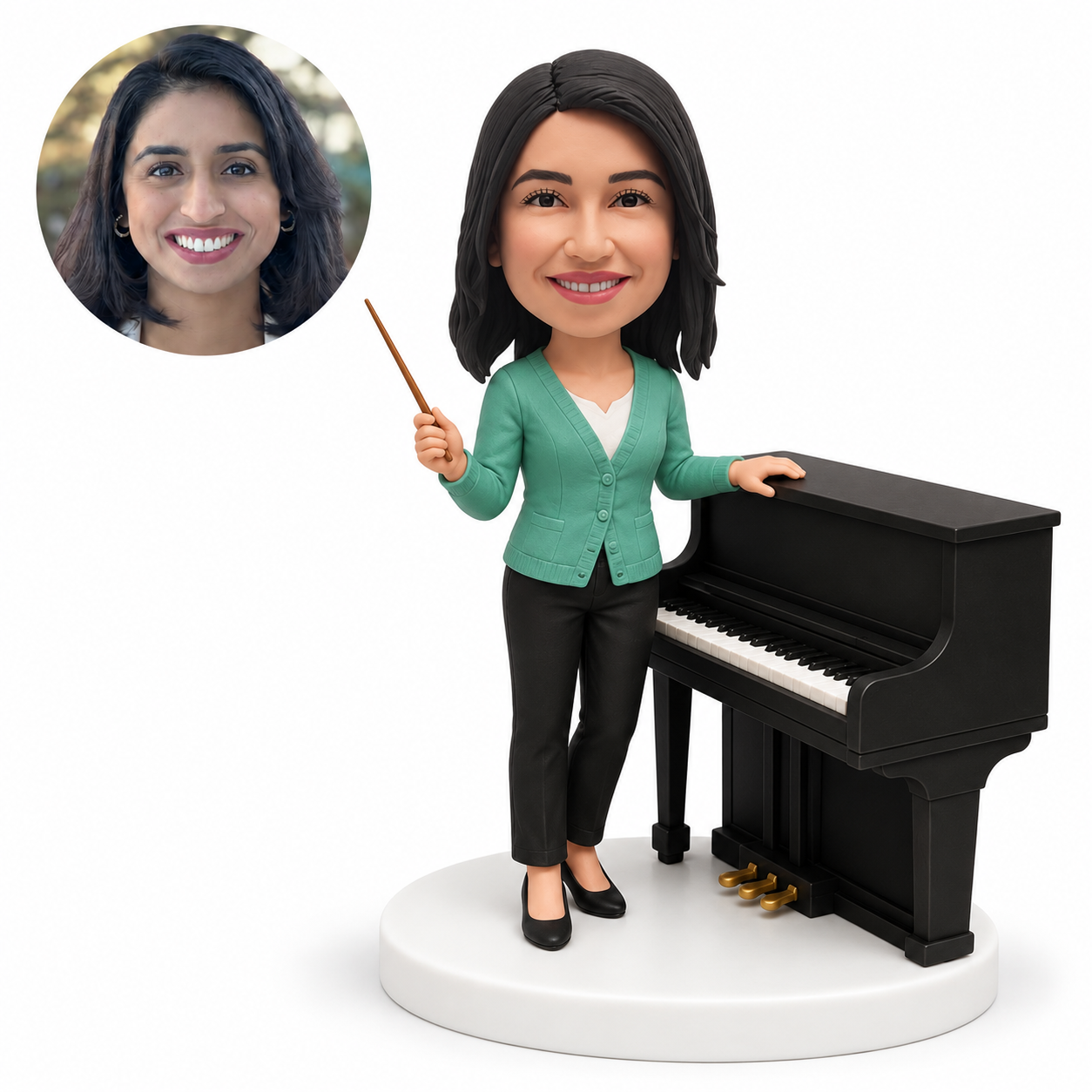 custom bobblehead figure female music teacher holding a baton beside an upright piano