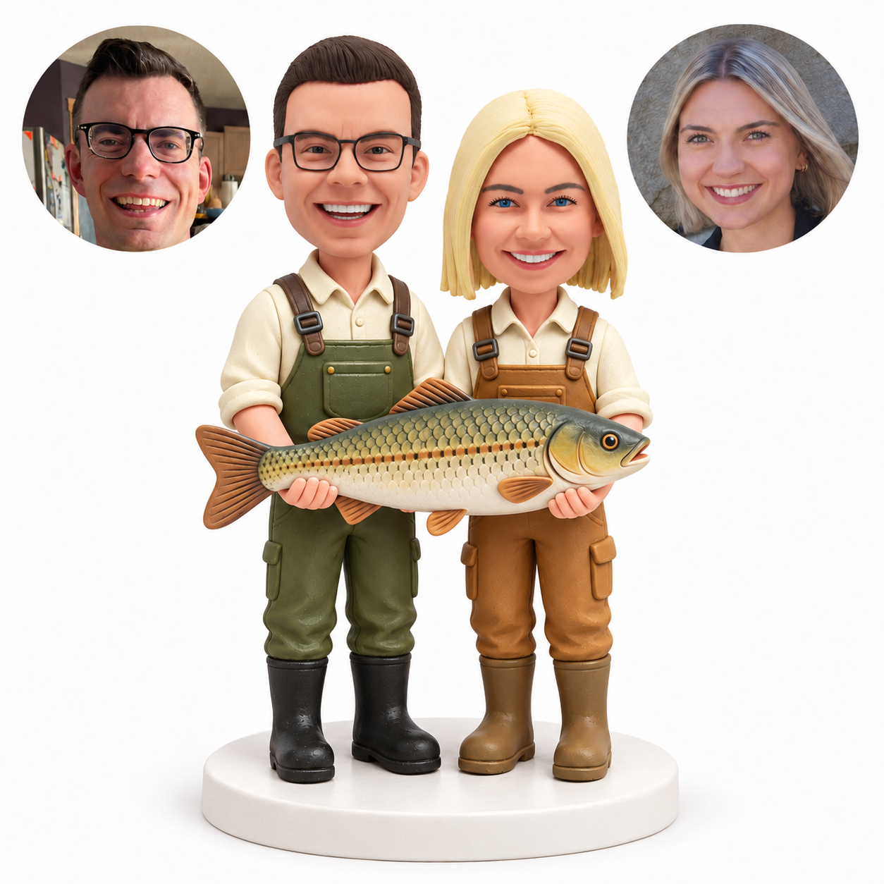 custom bobblehead figures fishing couple in button shirts holding one large fish