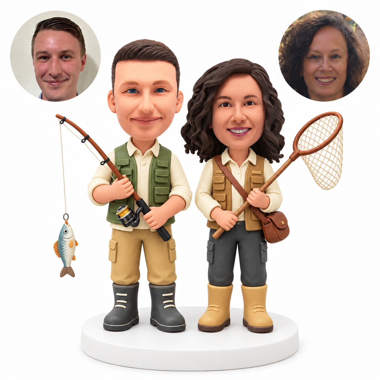 custom bobblehead figures fishing couple holding a fishing rod and landing net