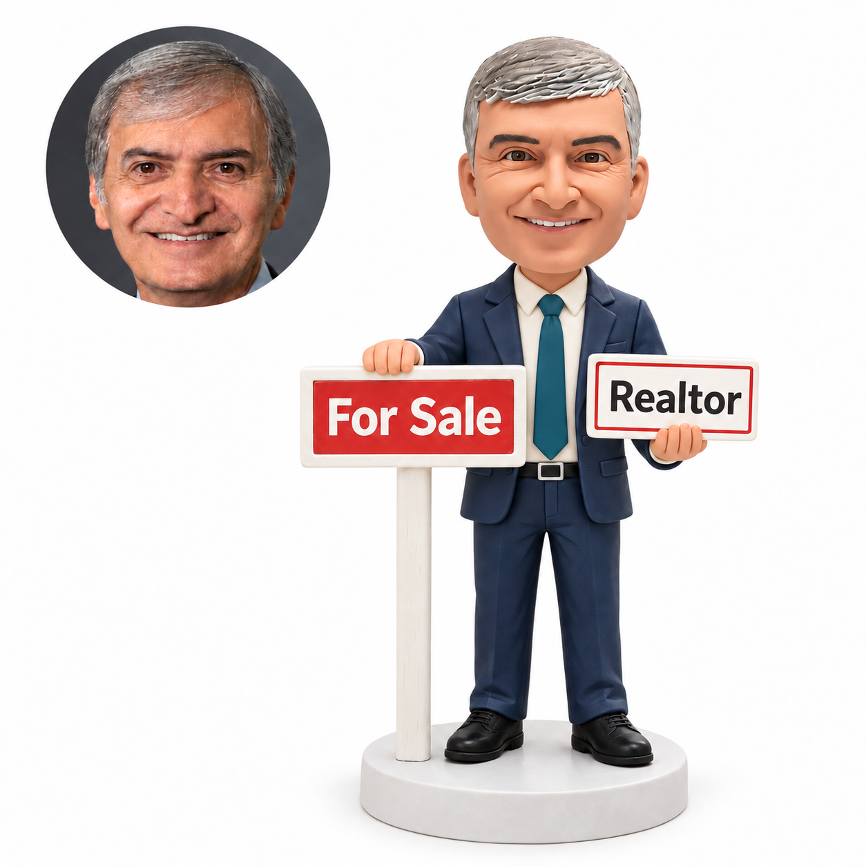 custom bobblehead figure male real estate agent holding two signs