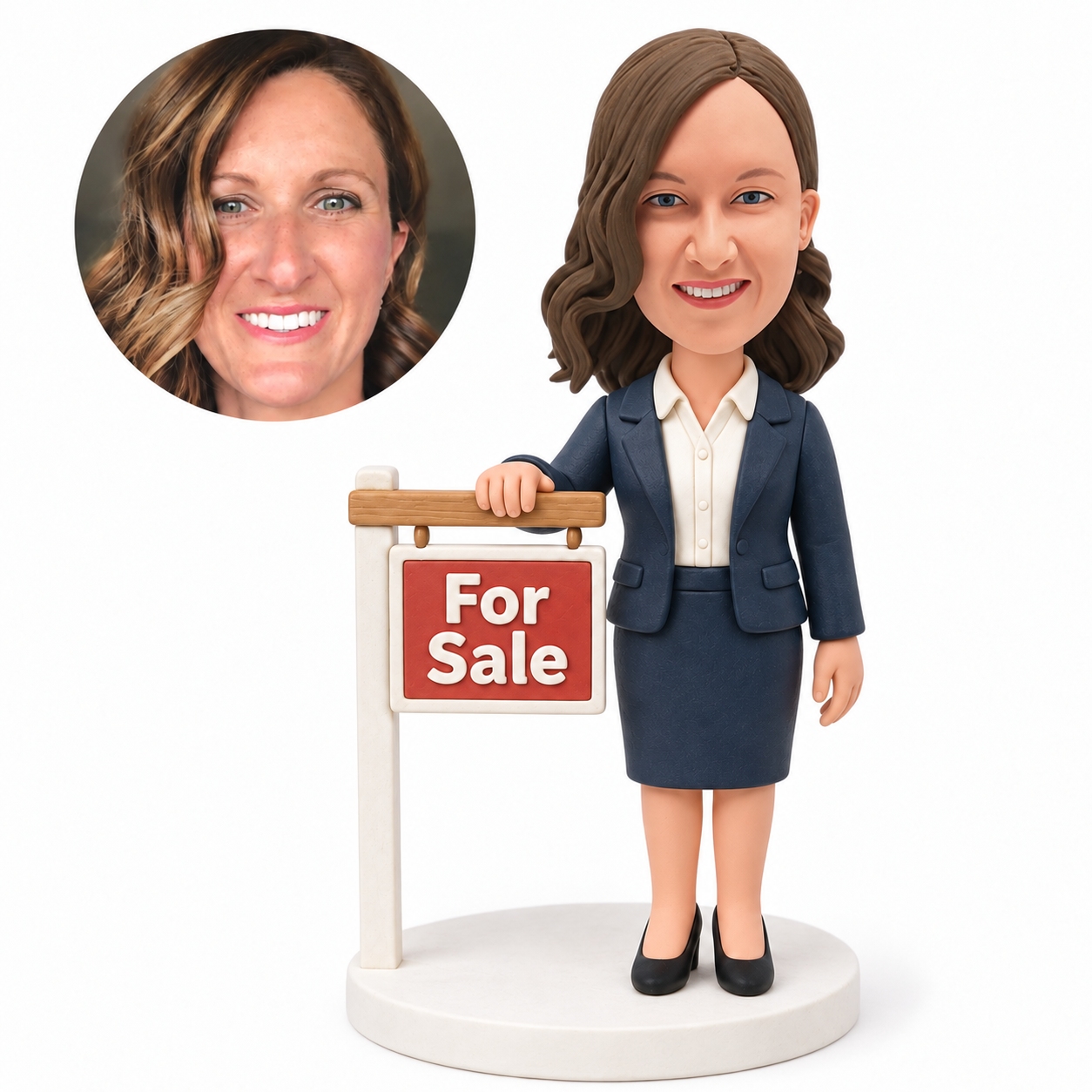 custom bobblehead figure female real estate agent resting a hand on a hanging for sale sign