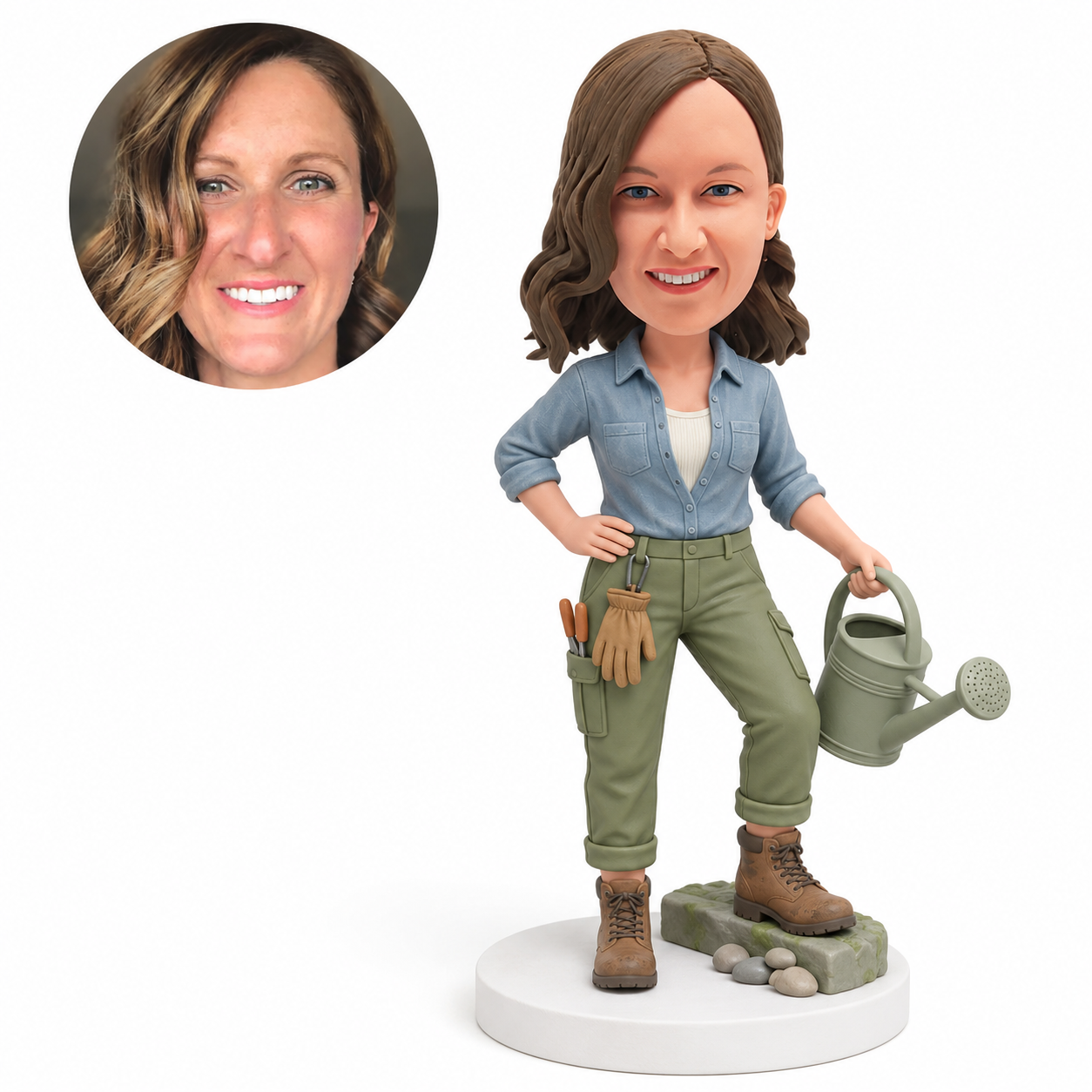 custom bobblehead figure woman in gardening clothes holding a watering can with one hand on her hip