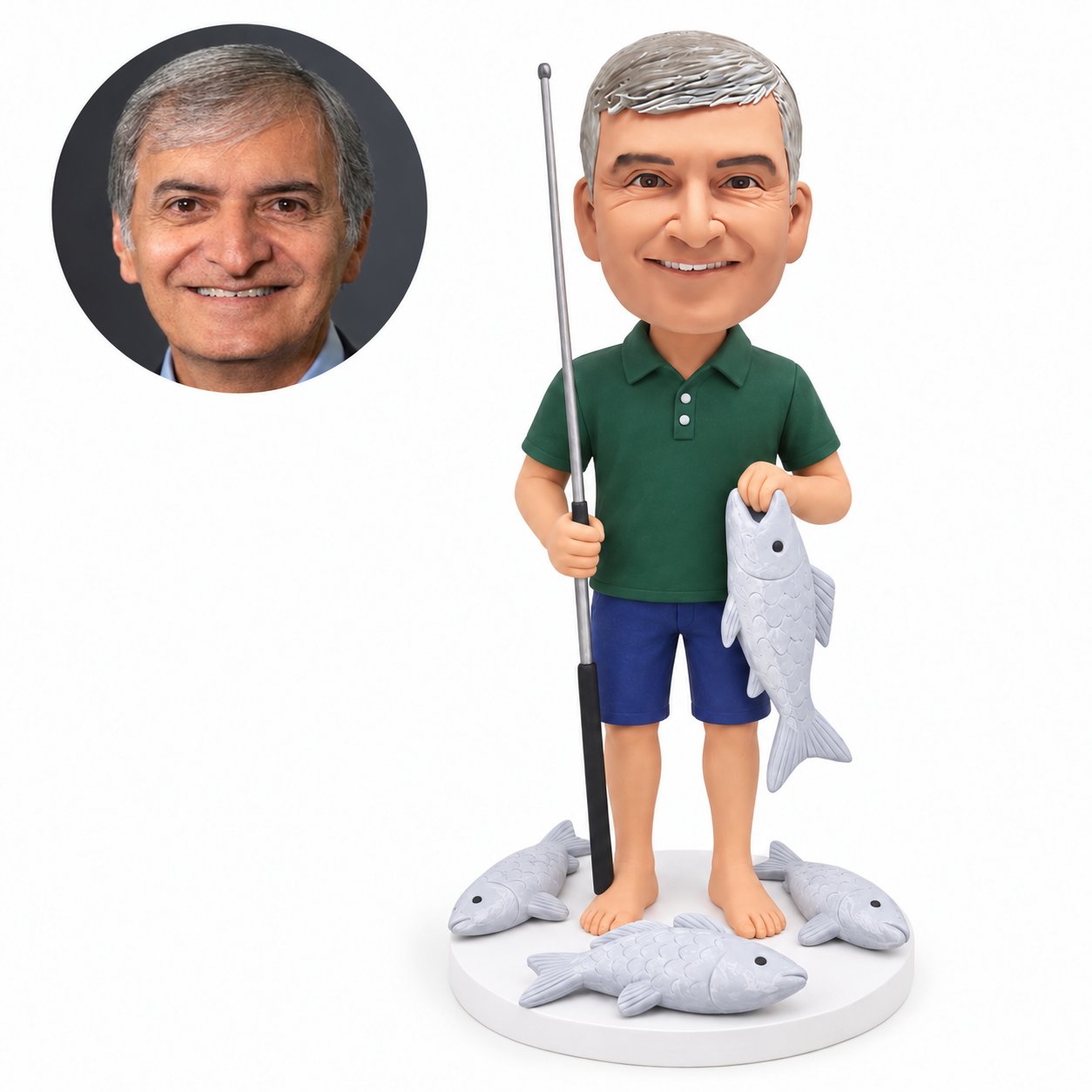 custom bobblehead figure fisherman holding a rod and a fish with three fish on the base