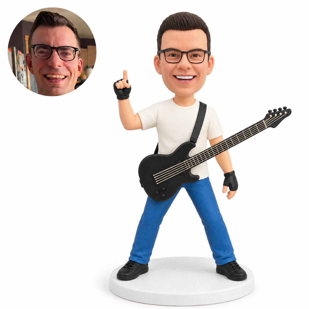 custom bobblehead figure male guitarist raising an index finger with an electric guitar