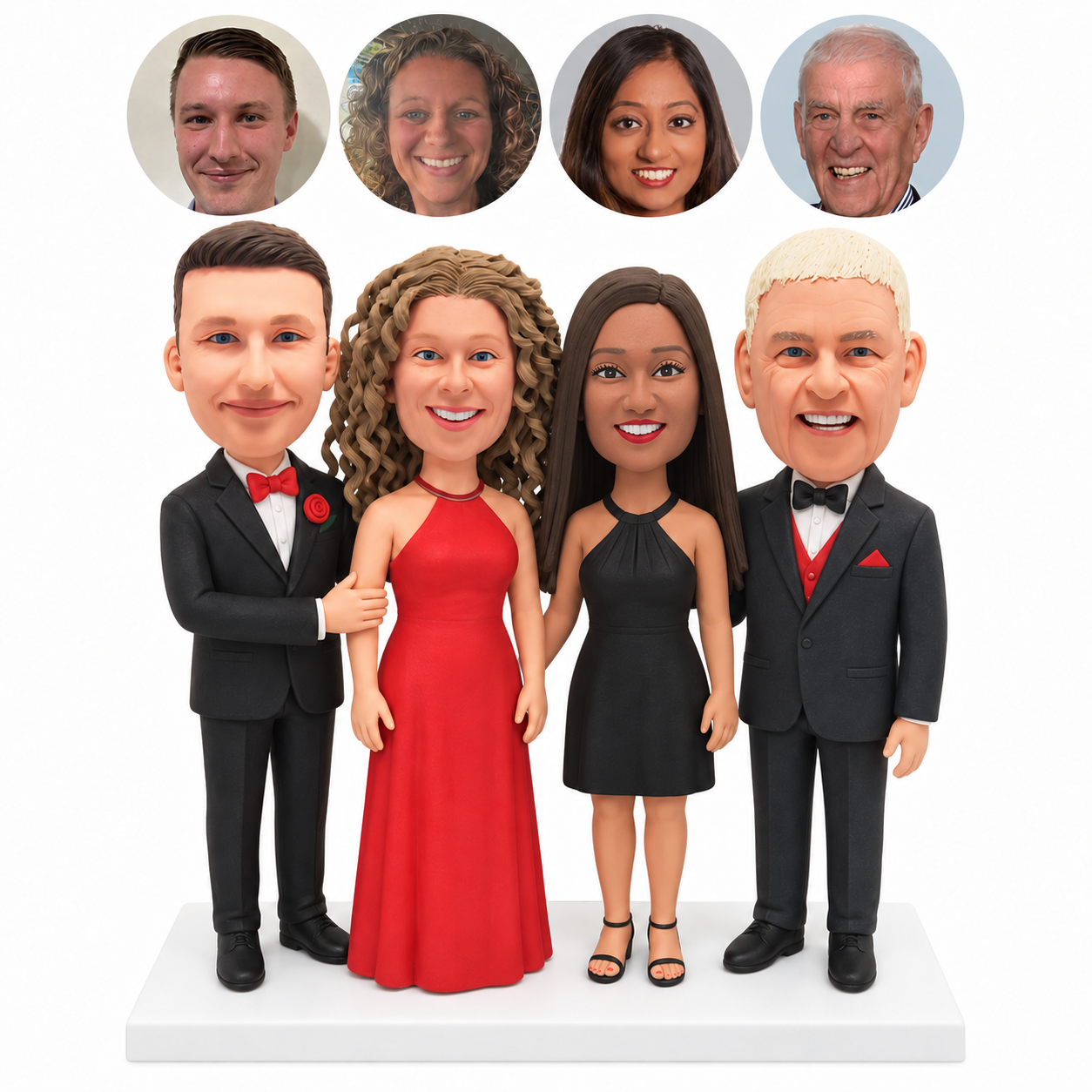 custom bobblehead figures four family members in suits and halter dresses