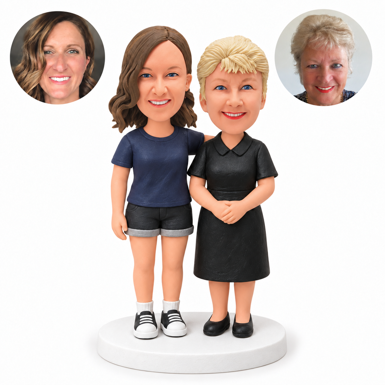 custom bobblehead figures mother and grandmother in casual clothes and a collared dress