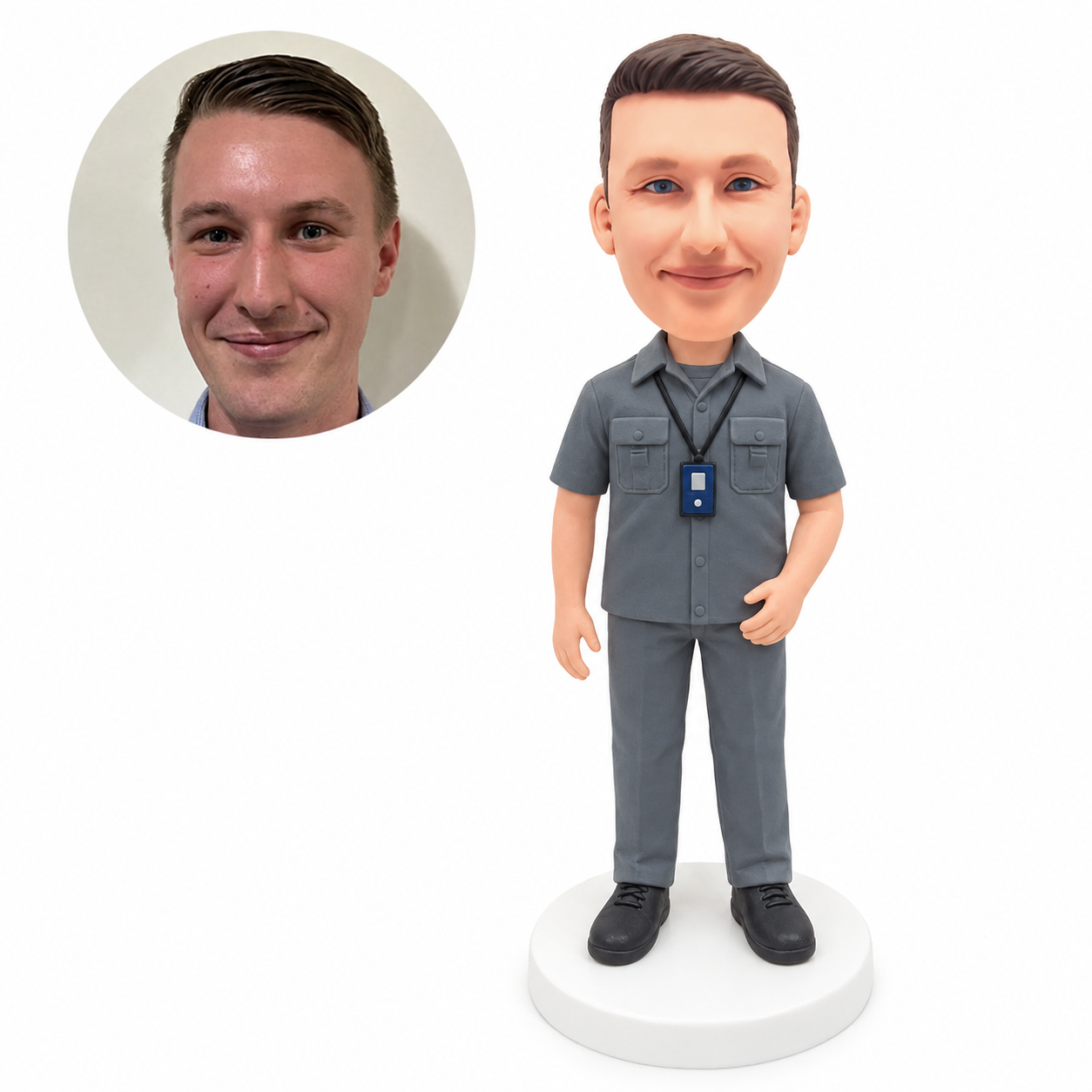 custom bobblehead figure worker in a short sleeve uniform with an ID badge