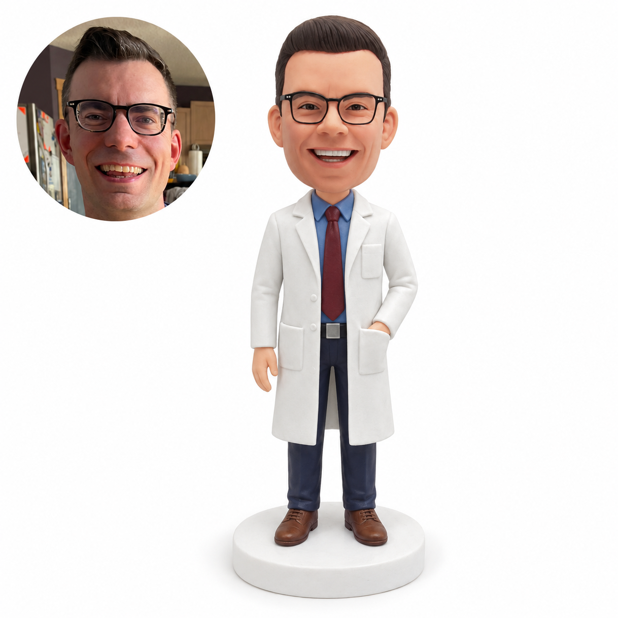 custom bobblehead figure male doctor in a long lab coat with one hand in a pocket
