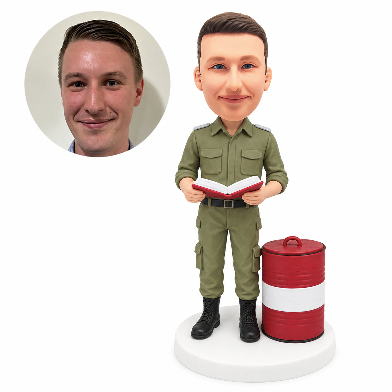 custom bobblehead figure man in an olive utility uniform reading a book beside an oil drum