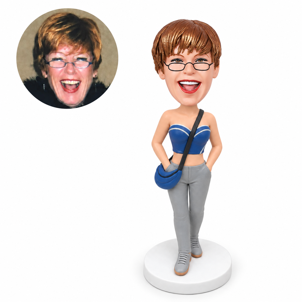 custom bobblehead figure woman in a strapless crop top and trousers with hands in pockets and a crossbody bag