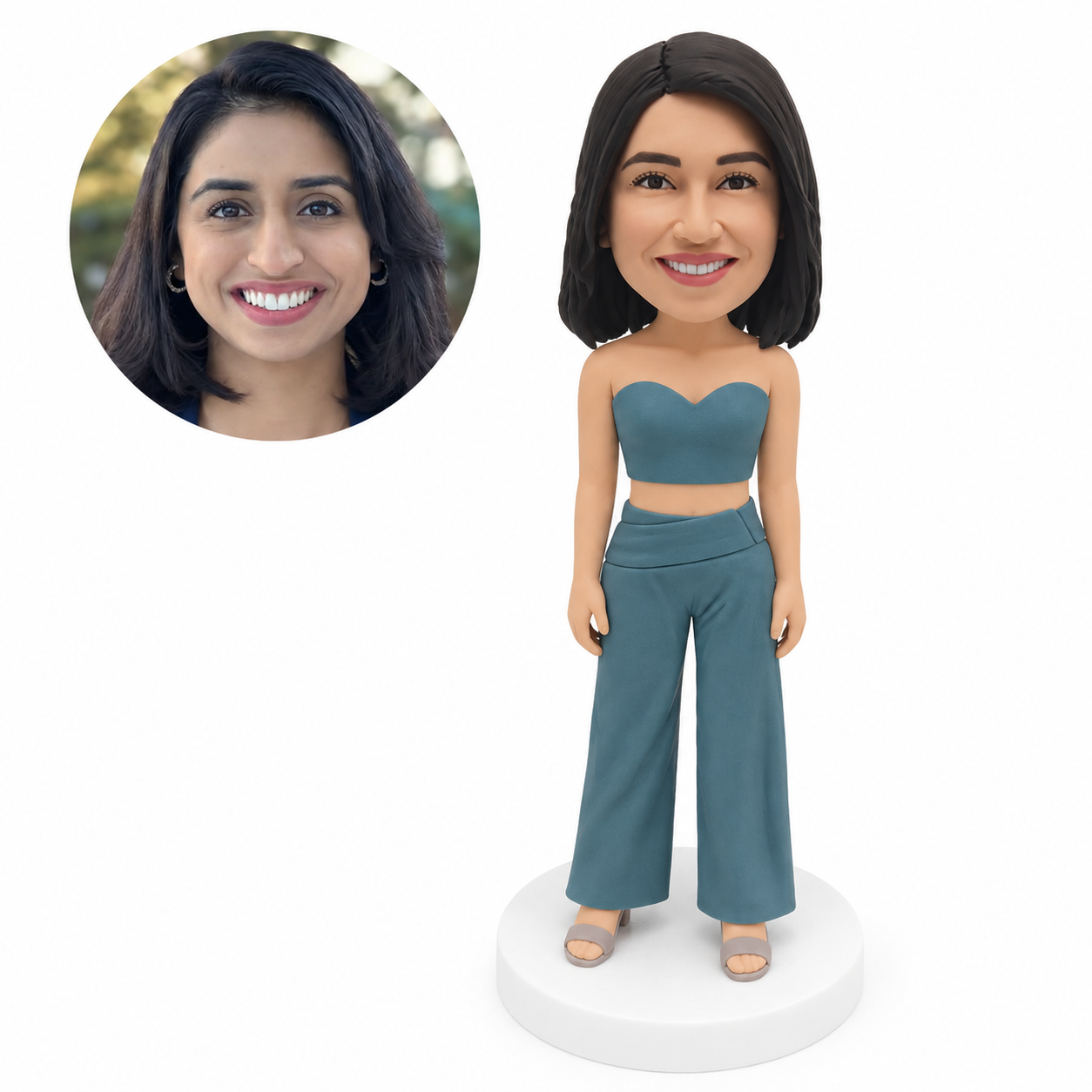custom bobblehead figure woman in a strapless crop top and wide-leg trousers with arms at her sides
