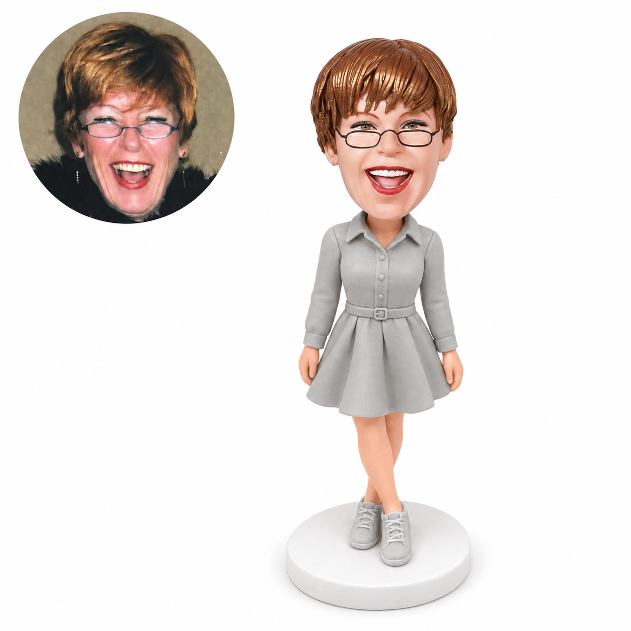 custom bobblehead figure woman in a belted shirt mini dress with crossed ankles